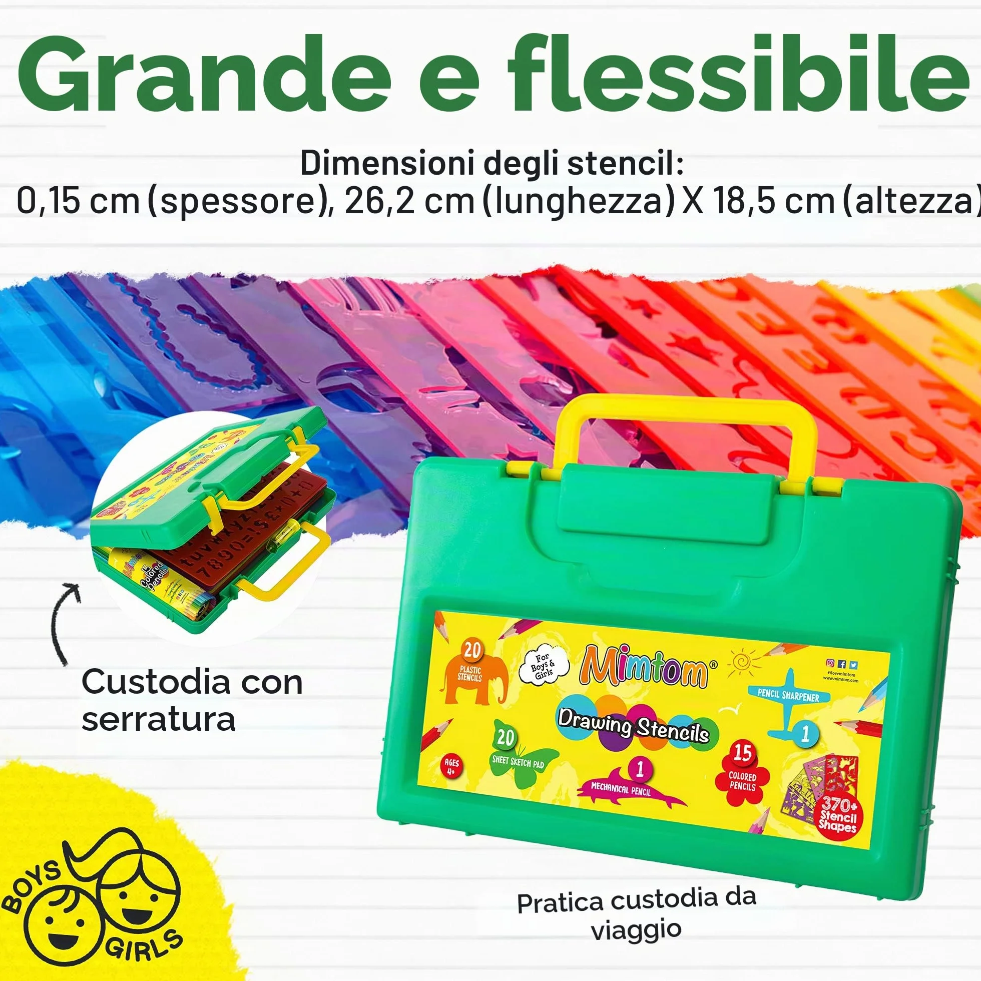 Stencil per Bambini | Set da Disegno con Stencil 58 PZ con più di 370 Forme per Sviluppo creatività | Giocattolo educativo Sicuro per Bimbi e Bimbe +3 Anni – Ottima Idea Regalo