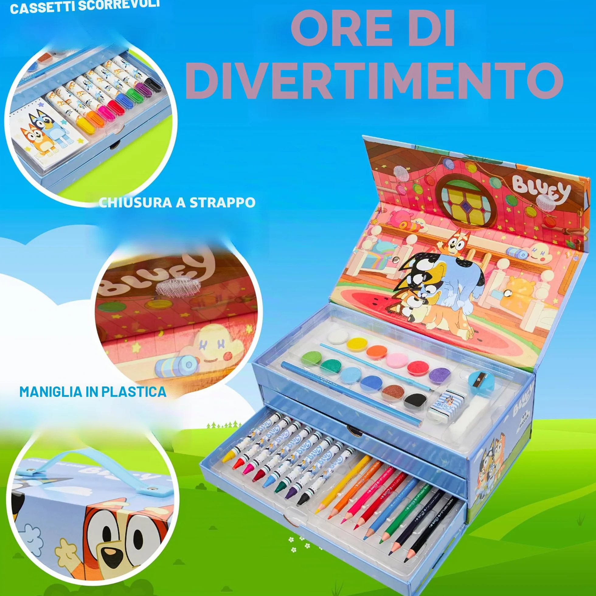 Bluey Valigetta Colori per Bambini, Set Disegno con Penne e Pastelli, Regali Bambini (Blu 3 livelli)