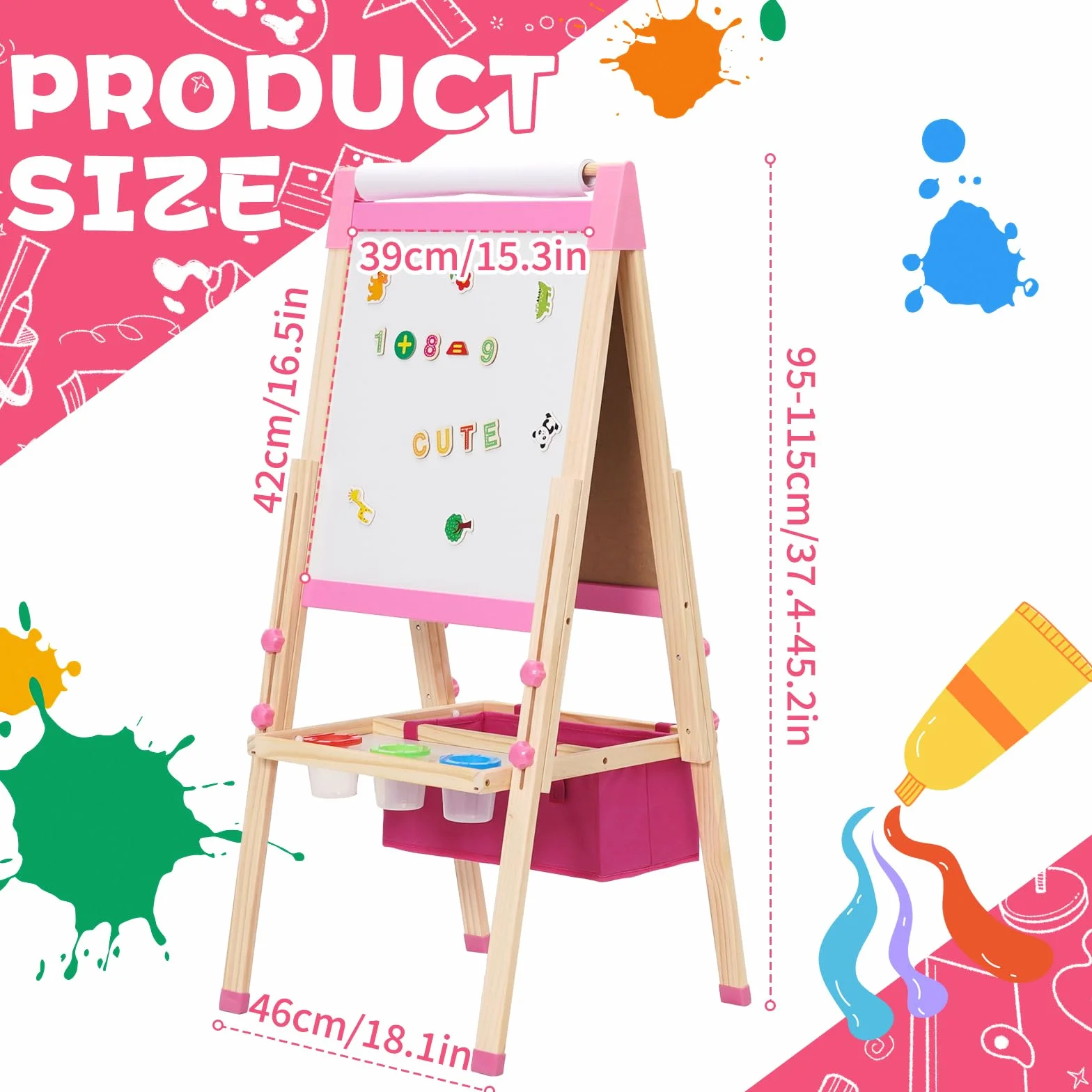 Lavagna per Bambini 3 in 1 con Rotolo di Carta, Cavalletto Artistico Pieghevole Rosa