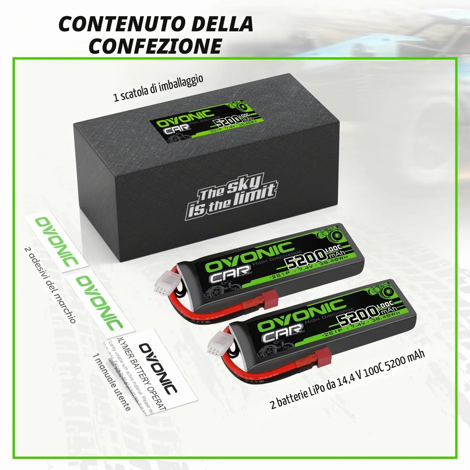 OVONIC 2s Batterie Lipo 5200mAh 100C 7.4V Custodia Morbida con Connettore per RC Elicottero RC Auto Camion Barca Hobby (2 pezzi)
