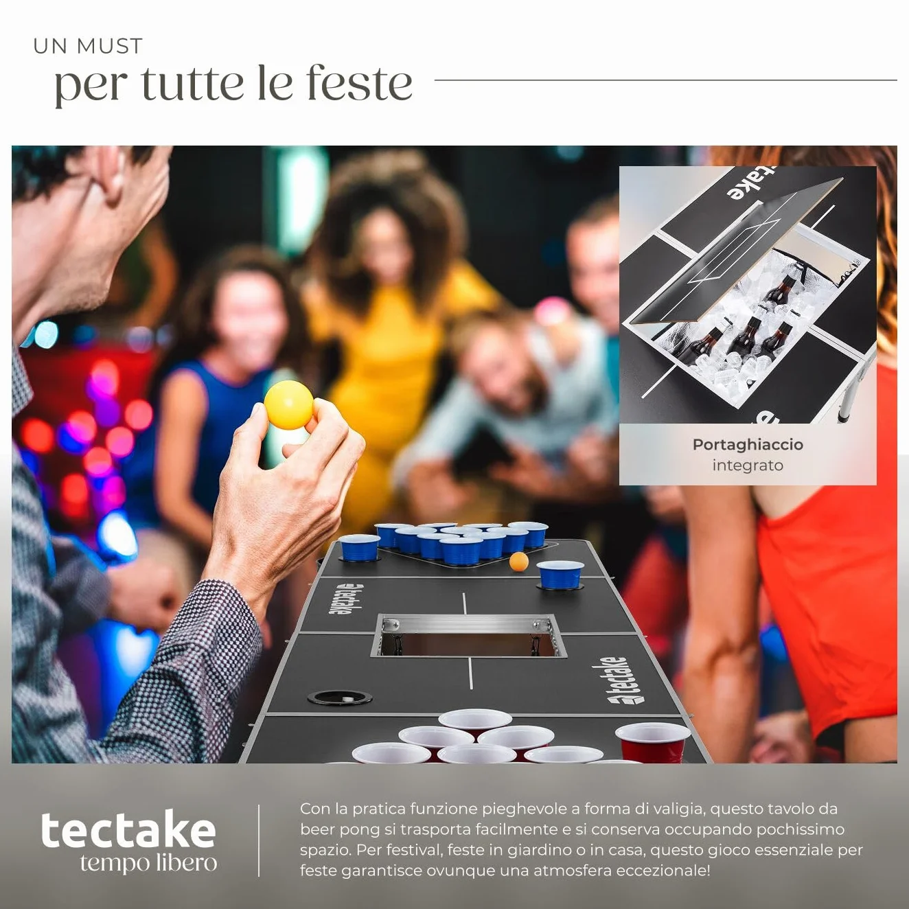 tectake® Tavolo da Beer Pong, Pieghevole con Maniglia, Kit Completo Bicchieri Multicolor e Palline, Beer Pong Set, Struttura in Alluminio, Regali Divertenti, Giochi per Festa - 235 x 60 x 70 cm