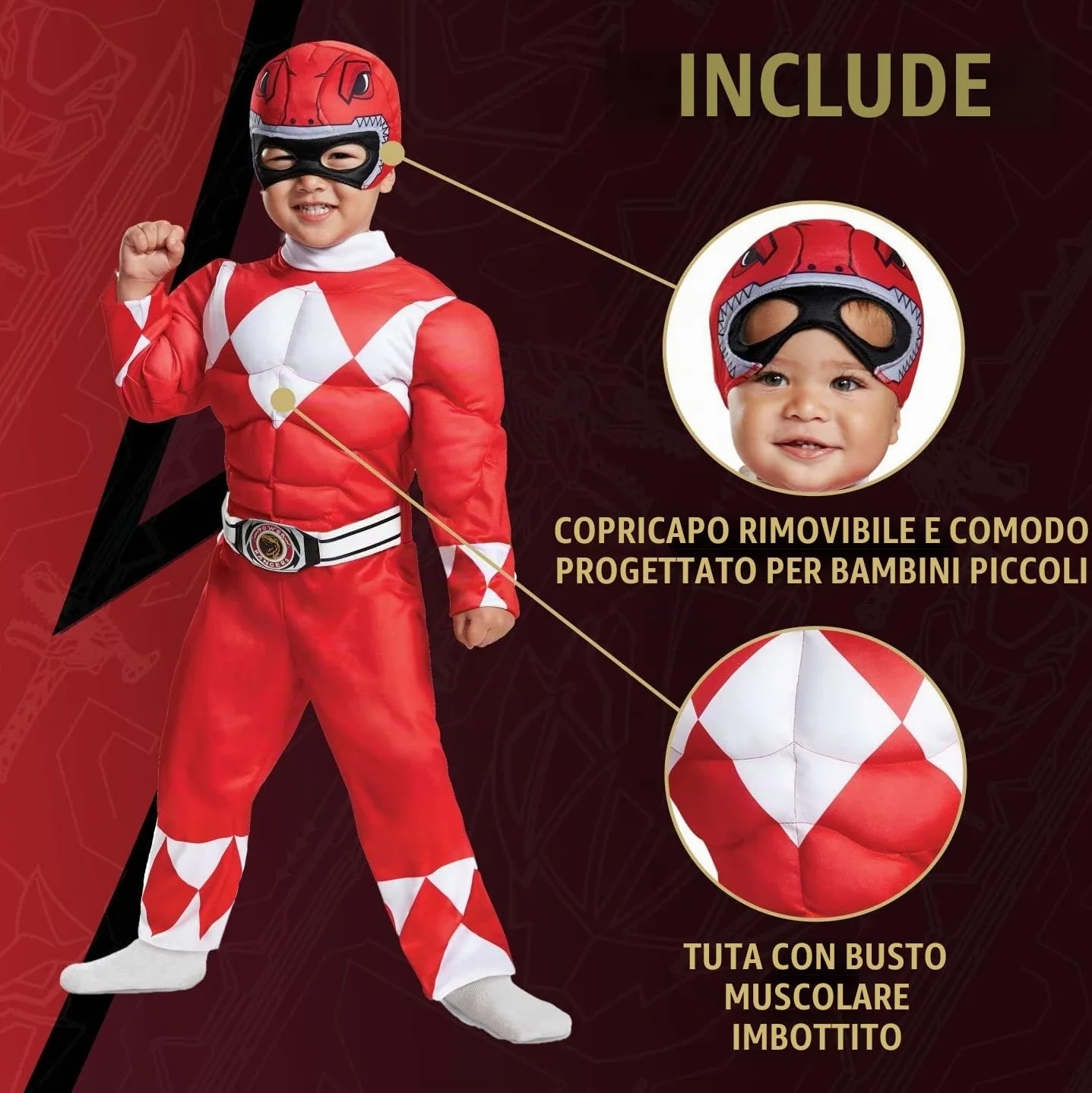 Disguise Costume Power Ranger Rosso Bambini, Vestito Muscoloso Carnevale Power Ranger, Costumi Di Carnevale Per Bambini Taglia XS (3-4 anni)