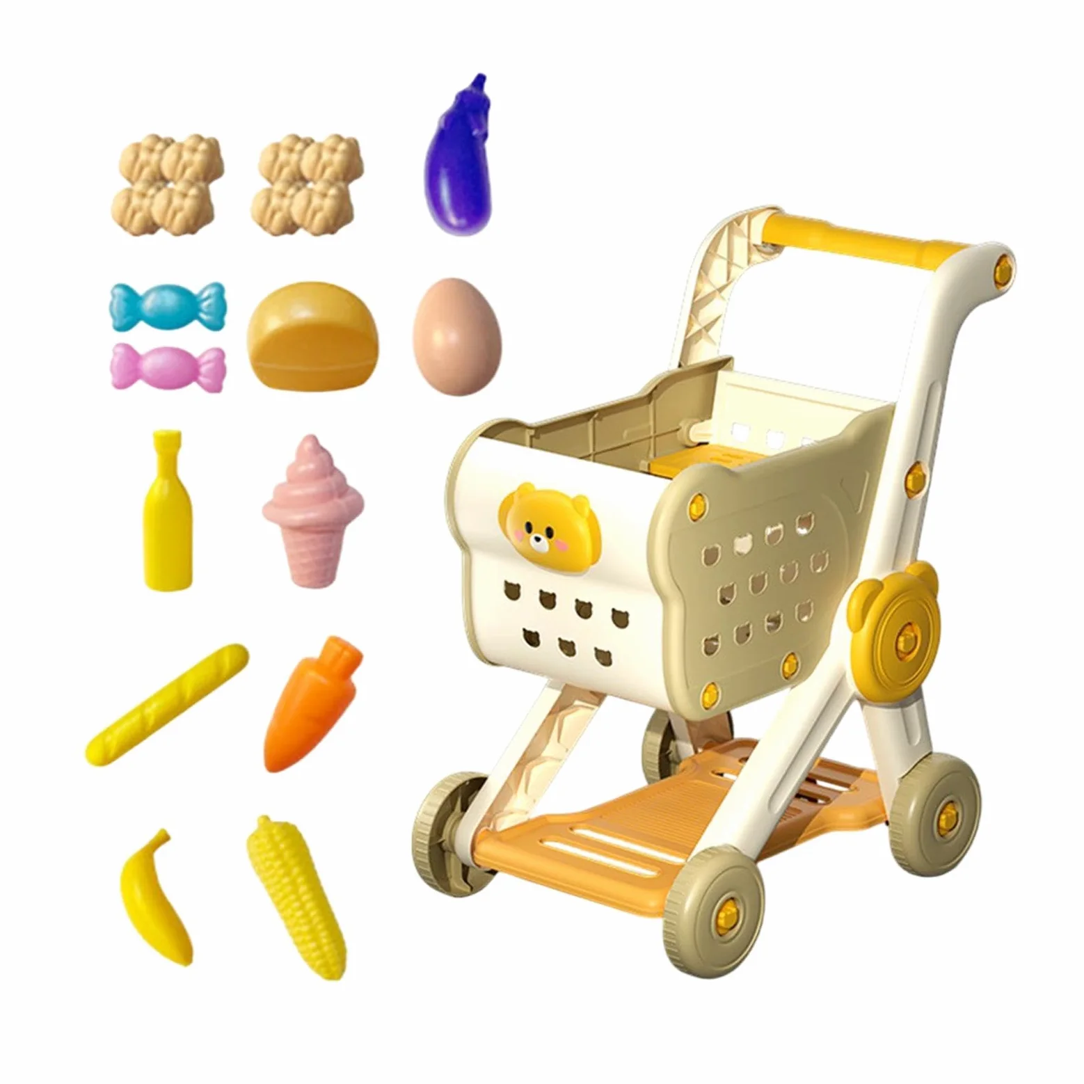 Carrello Supermercato Bambini Set Giocattolo Carrello Spesa Accessori Cucina Portaoggetti Ampio Facile da Usare Adatto per Gioco Simulato Regalo, Beige