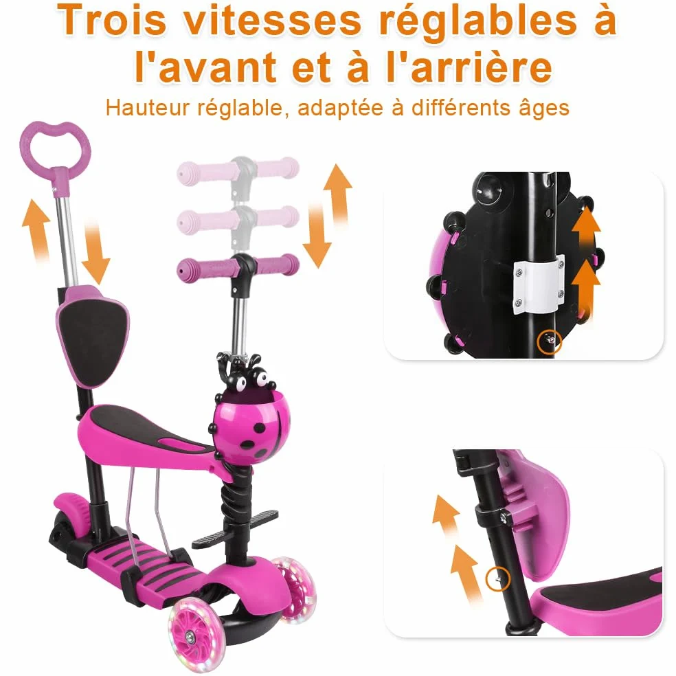 OHMG Monopattino triciclo per bambini 3+ anni, scooter equilibrio, monopattino antiscivolo, monopattino regolabile per ragazza/ragazzo, carico 30 kg, ruote a LED, regolabile in altezza