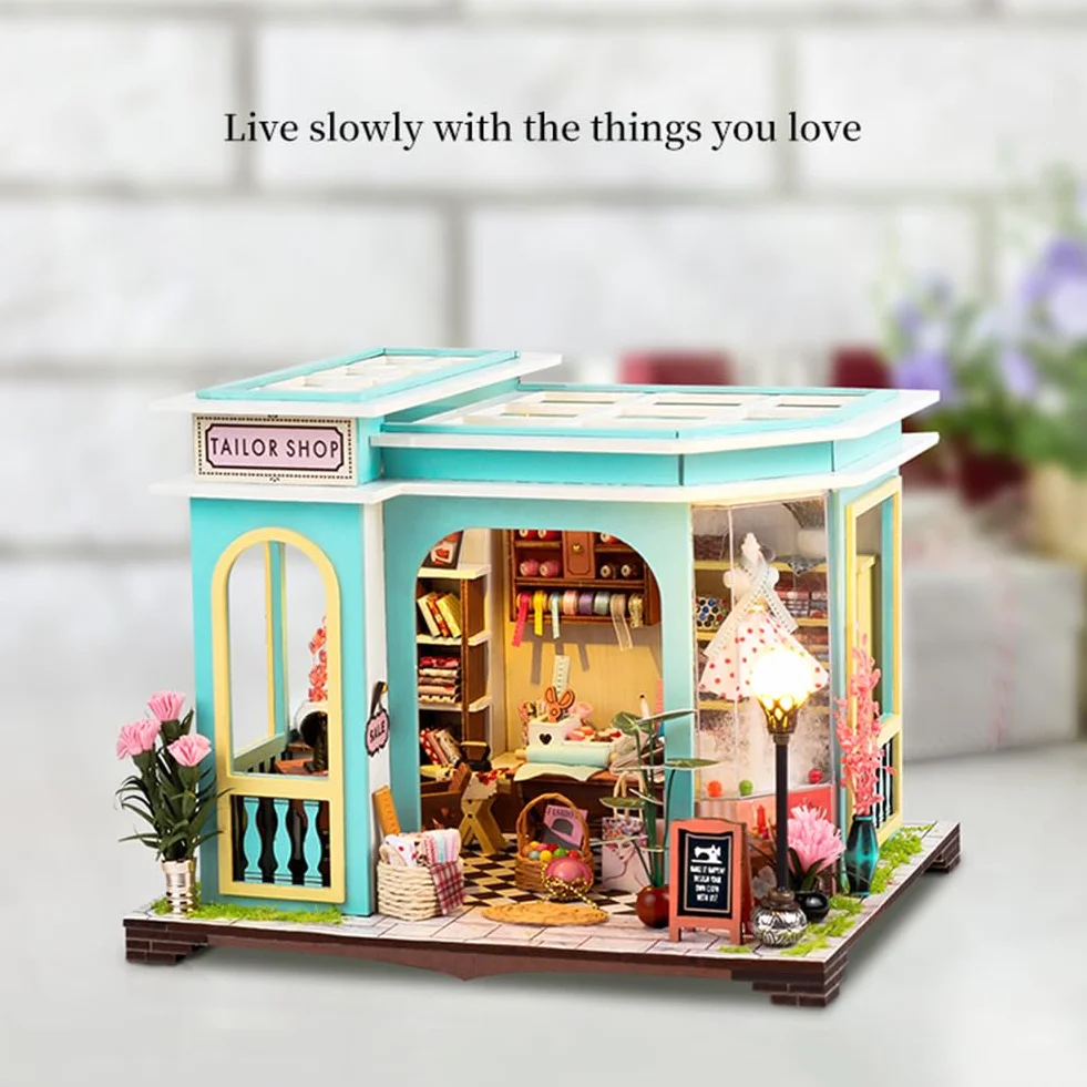 Accessori per casa delle bambole in legno, kit fai da te in miniatura per adulti, kit creativo per sartoria piccola casa con mobili e luci a LED, regalo di compleanno da donna