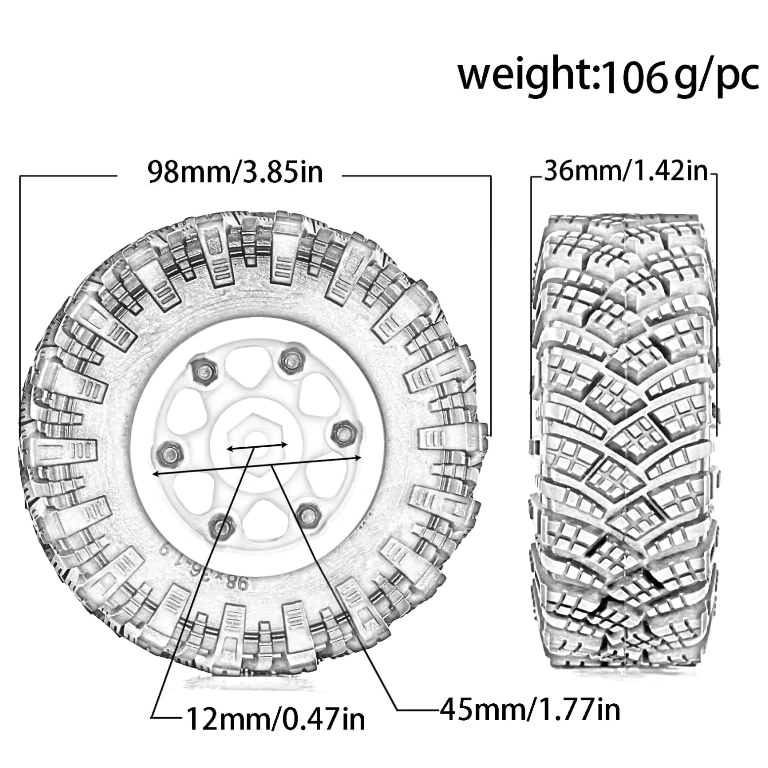 RC Car Pneumatico Ruota Compatibile con Traxxas per TRX4 D90 D110 per Axial per SCX10 per MST 1/10 RC Crawler Car 98mm 1.9 "Beadlock Wheel Rim Set di Pneumatici in Gomma(Black)