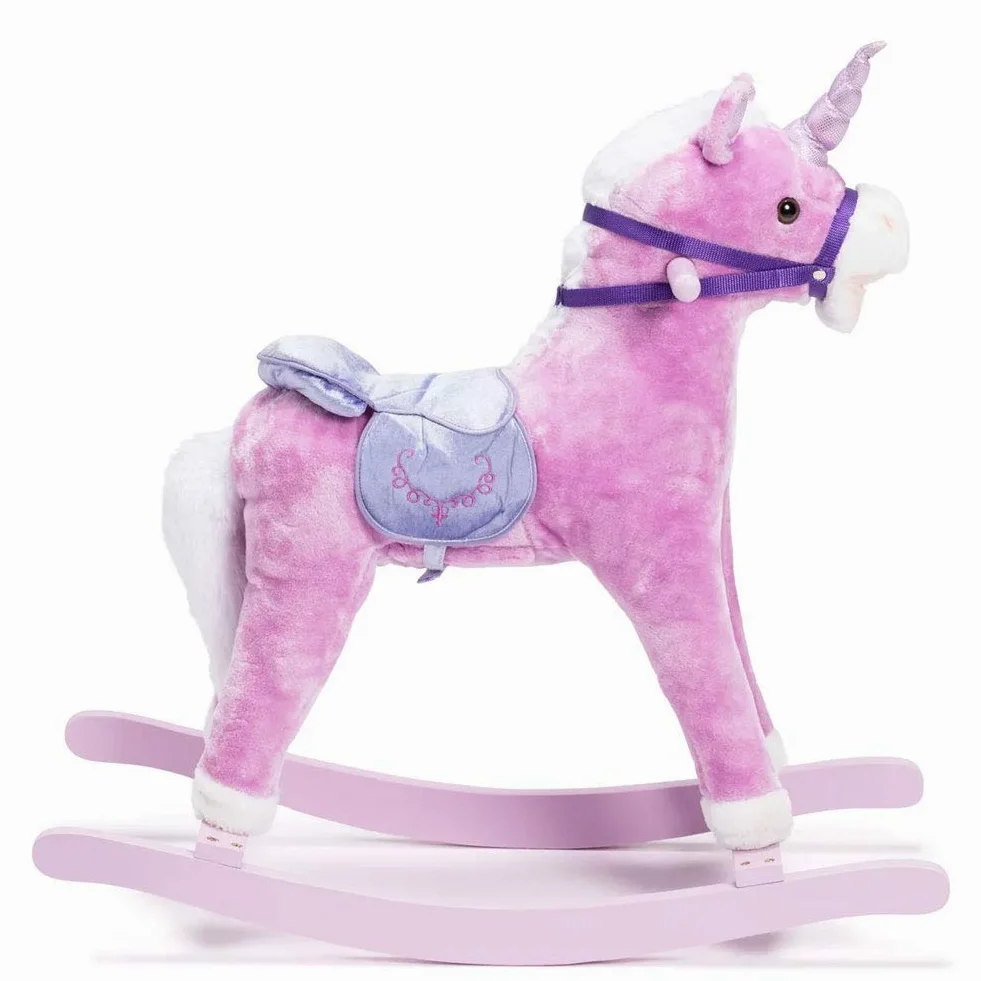 BAKAJI Cavallo a Dondolo per Bambini con Suoni Realistici, Animale che Nitrisce e Muove la bocca Struttura in Legno e Tessuto, Unicorno Peluche Rosa, Giochi Infanzia