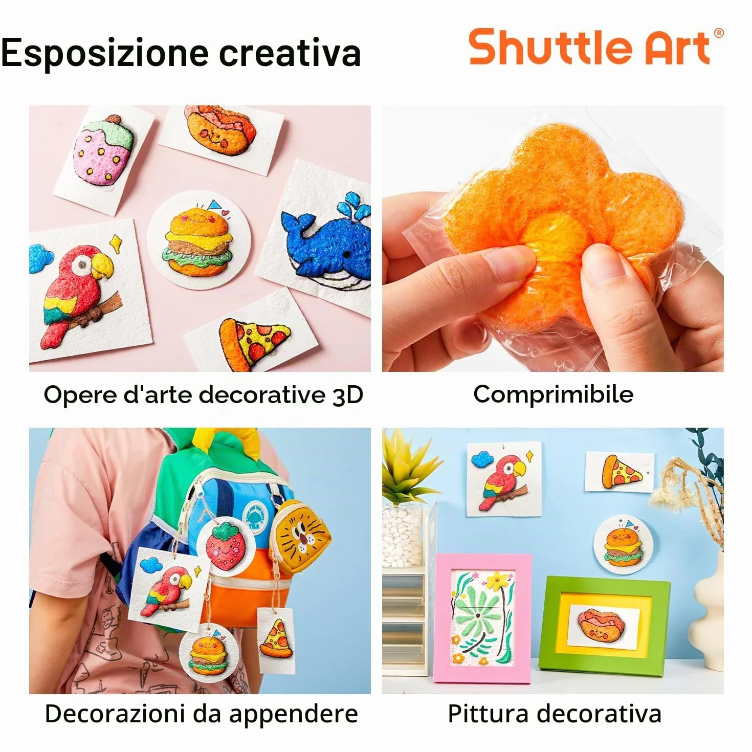 Shuttle Art Kit Pittura Magica Gonfiabile 66 Pezzi 3D con Spugna Texture 60 Fogli Carta Spugna