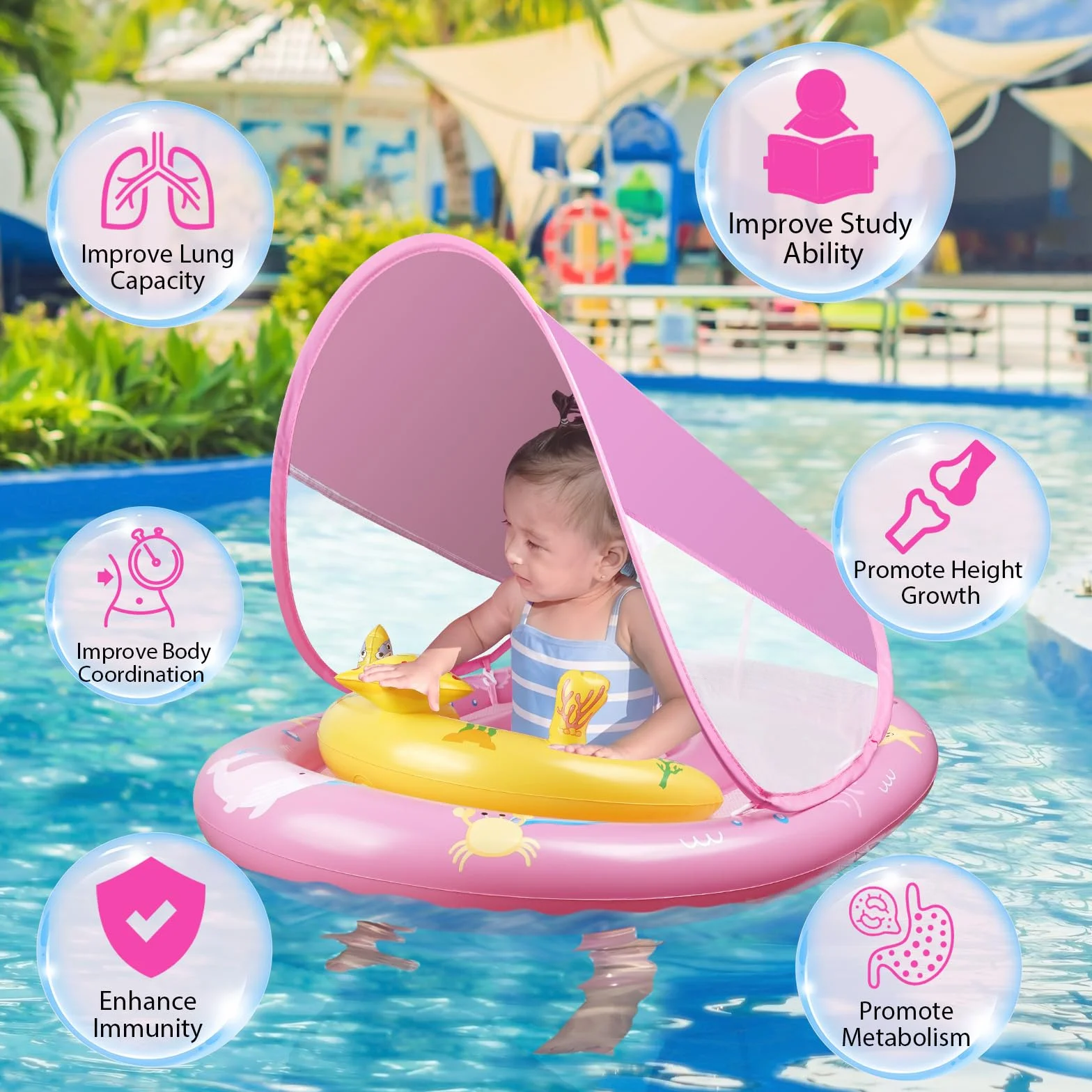 Salvagente Neonato con Tettuccio Parasole UPF50+, Salvagente Bambini con Sedile di Sicurezza Regolabile, Galleggiante per Bambini di Età Compresa tra 6 e 24 Mesi.