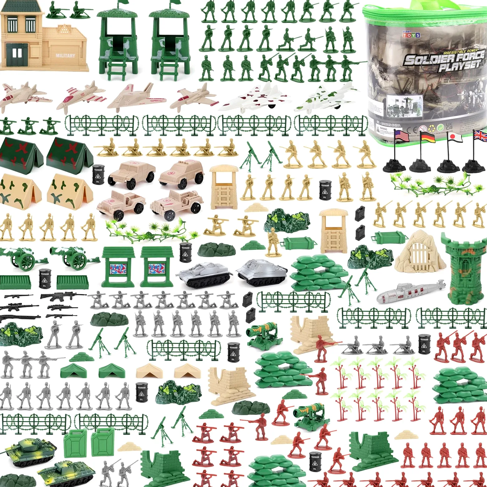 deAO 303 Pz Set di Gioco Militare con Soldati Carri Tanks Armi Aerei Borsa | Artiglieria, Torri, Mura, Rocce, Bandiere, Borsa Cerniera, Gioco Azione e Ruolo, Battaglie, Sviluppa Creatività, 3+ Anni
