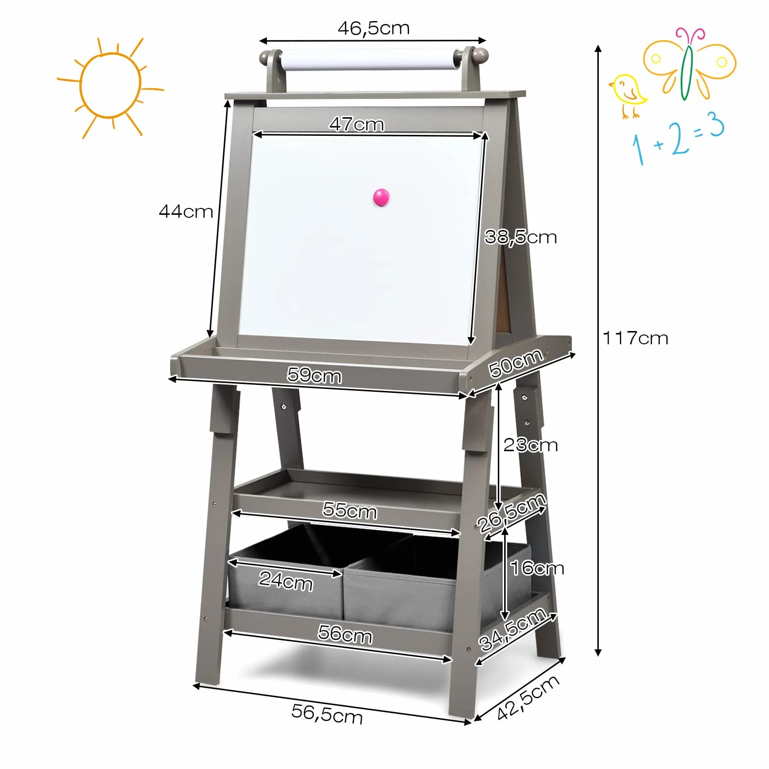 Lavagna per Bambini 3 IN 1 RELAX4LIFE, Cavalletto Pittura a Doppia Faccia Magnetica con Rotolo di Carta, Giocattolo Educativo 3+ Anni, Grigio