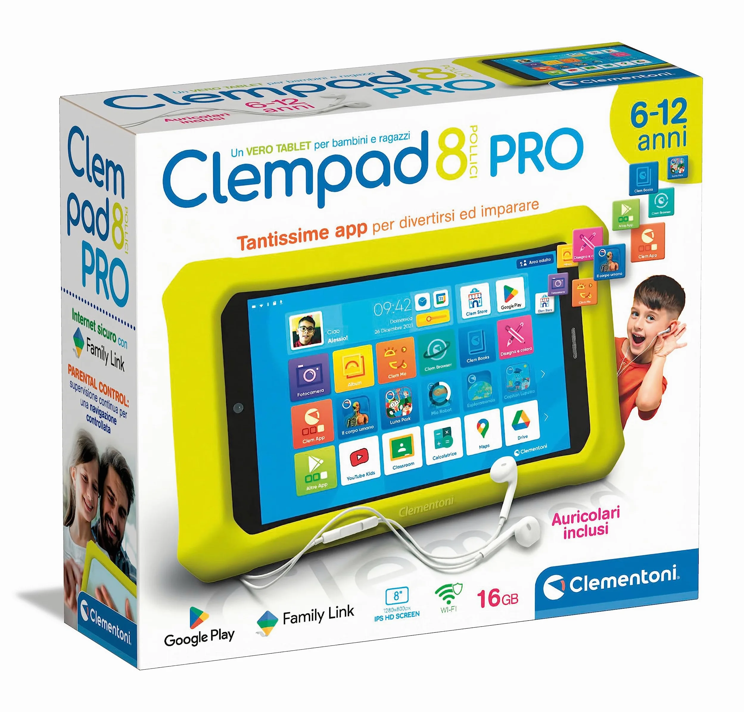 Clementoni - Clempad 8 Pollici PRO, Tablet Educativo Bambini 6-12 Anni, Screen HD, Memoria 16GB, RAM 2G, WiFi, Android 11, 2 Fotocamere, Google Play e Sistema Parental Control, Lingua Italiana, 16796