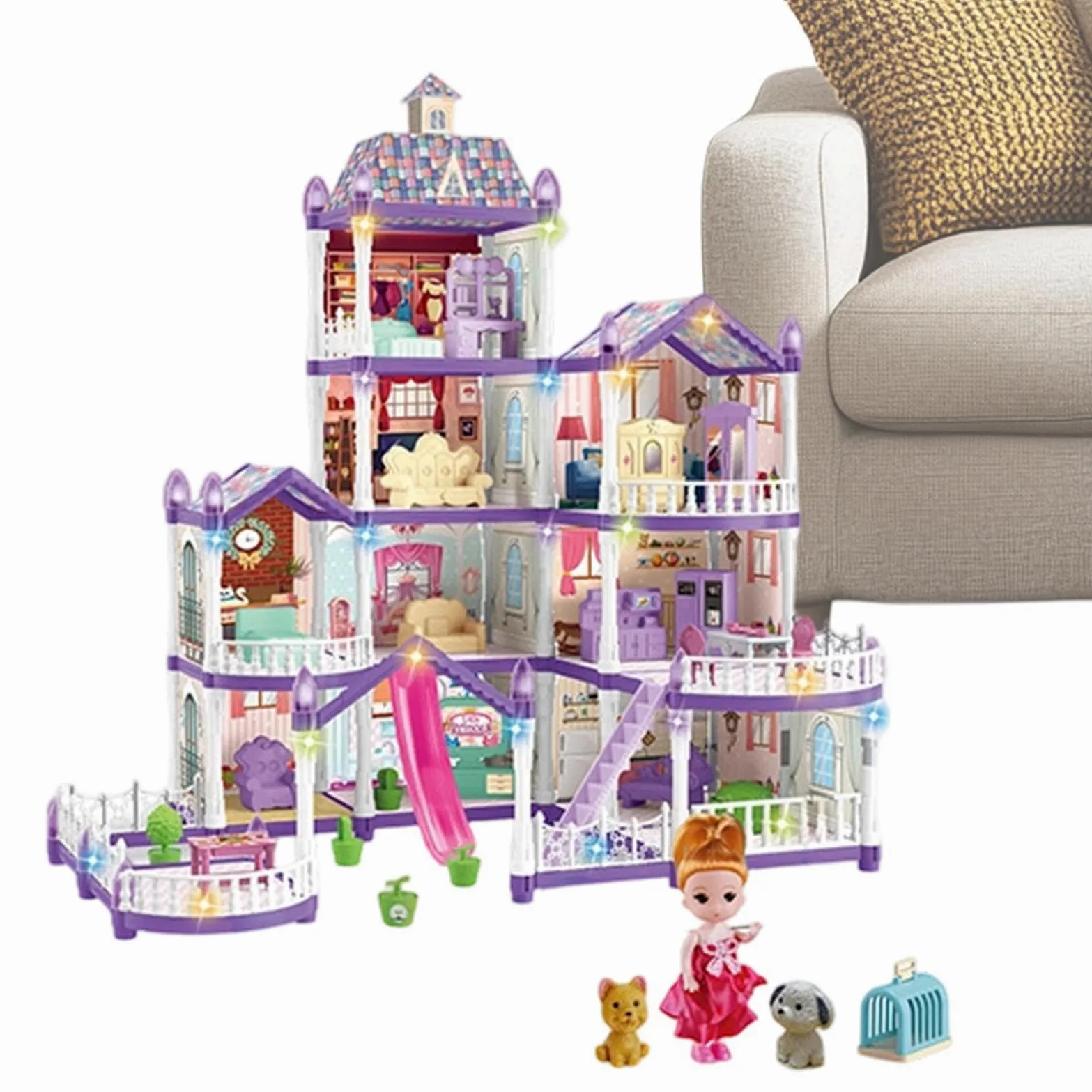 Casa delle Bambole per Ragazze 4 Piani 13 Stanze Da Montare Miniatura | Piccola Casa Delle Bambole Con 3 Principesse 2 Cuccioli E Arredo Per Bambine 4-6 di Ruolo Indoor Regalo per Feste