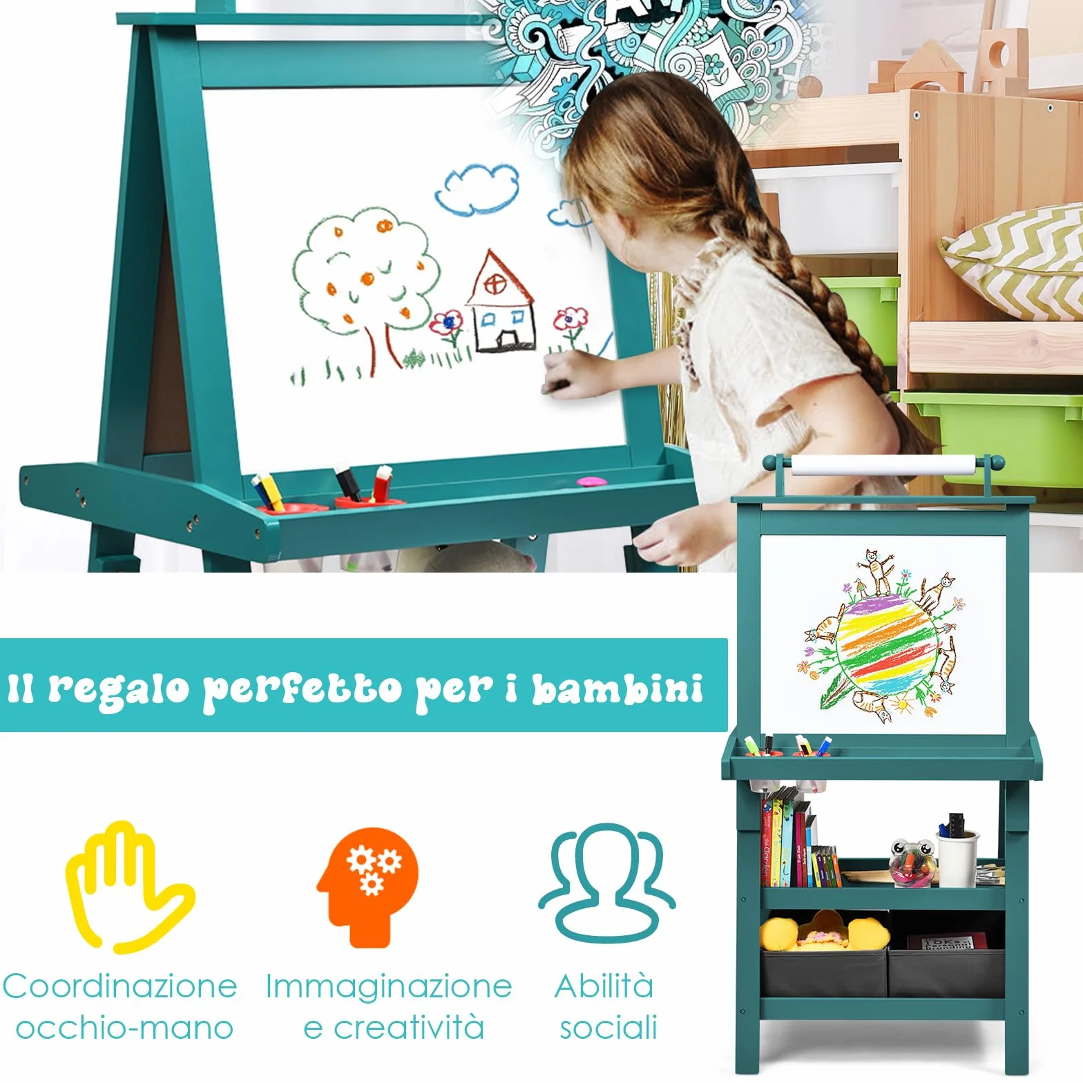 RELAX4LIFE 3 in 1 Lavagna per Bambini, Cavalletto Pittura Doppia Faccia Magnetica con Rotolo di Carta, Giocattolo Educativo 3+ Anni (Blu)
