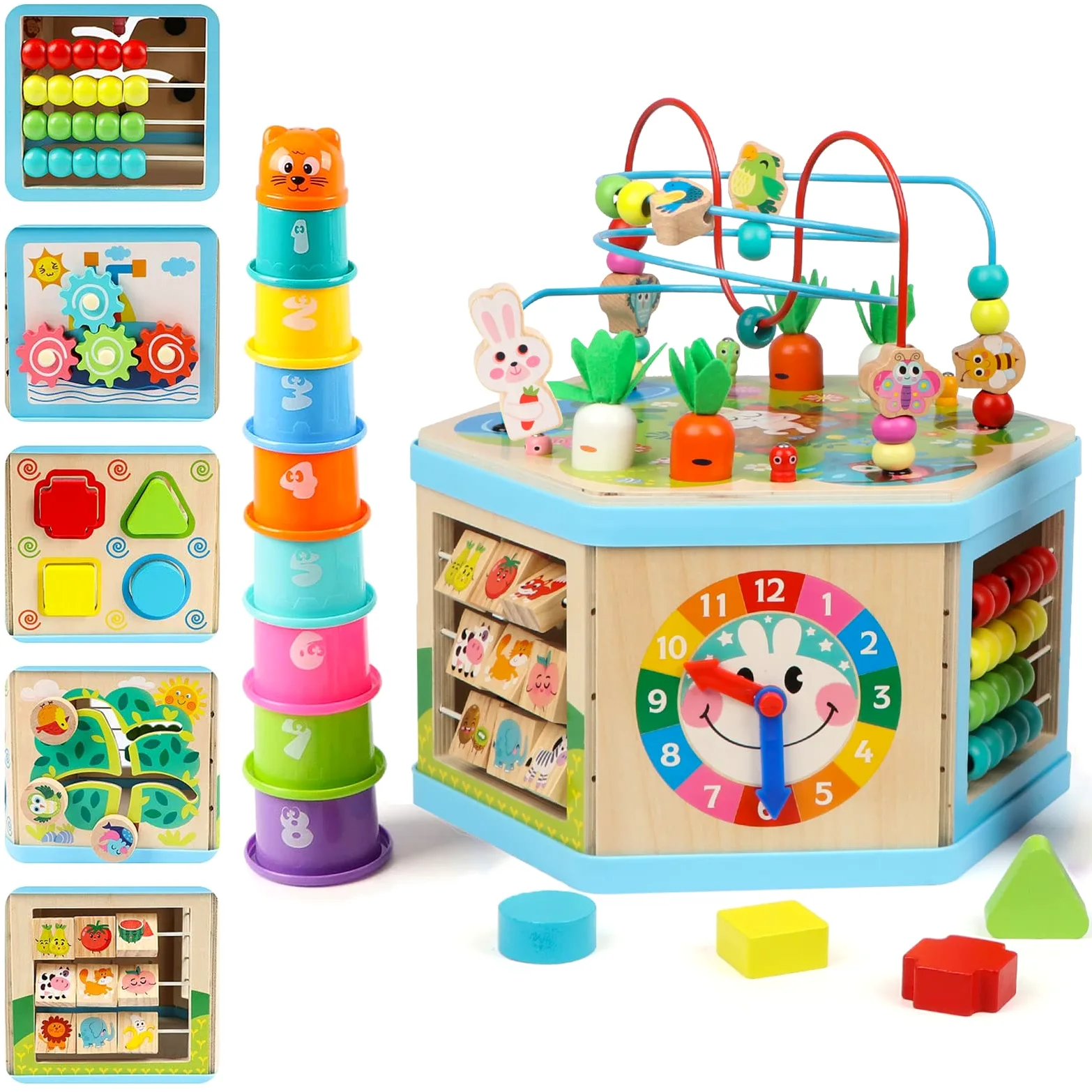 Jacootoys Cubo di attività in legno, 7 in 1, giocattolo educativo per bambini, bambini, ragazzi, ragazze