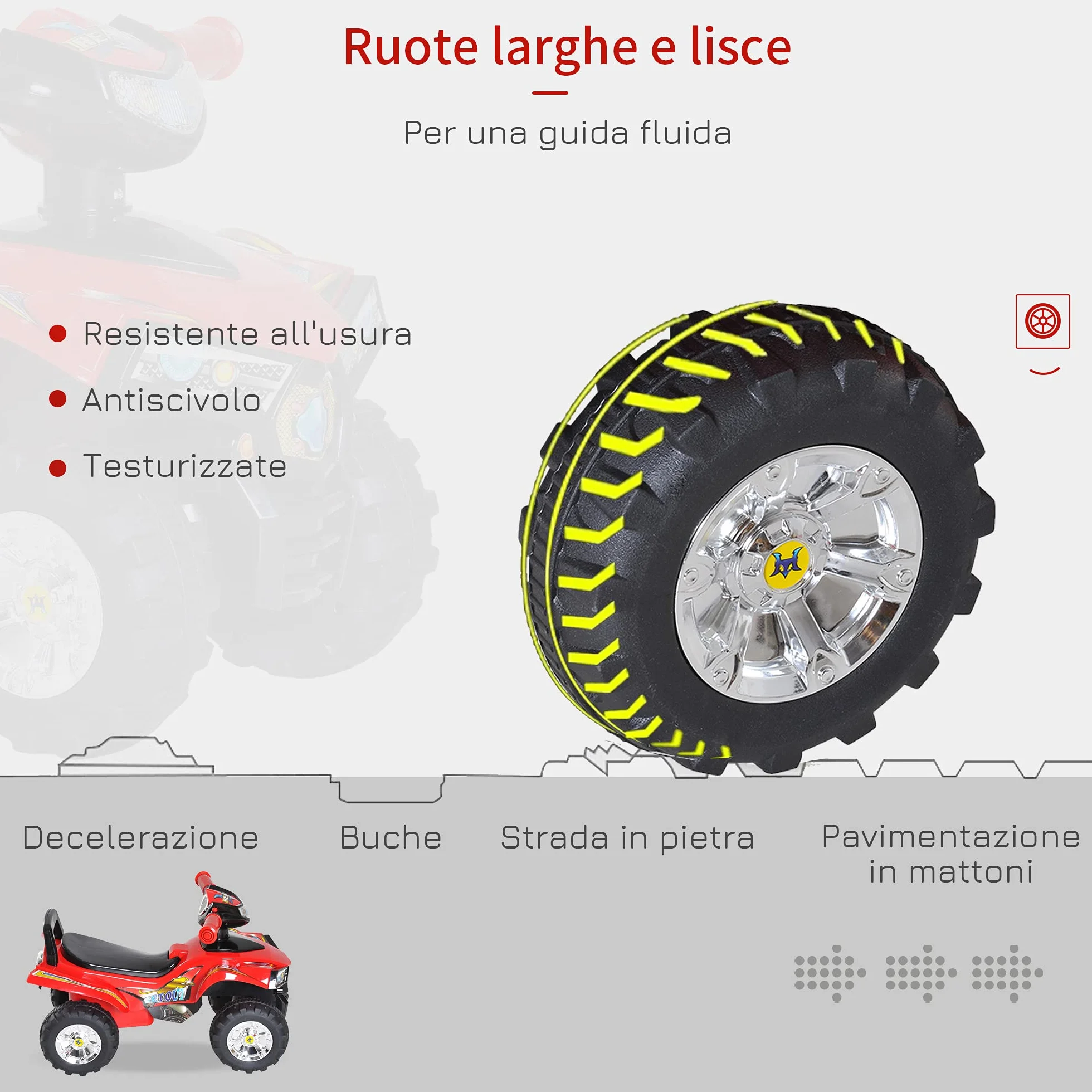 HOMCOM Quad Giocattolo Bambini Macchina Cavalcabile Clacson Musica Luci 60x38x42 cm PP Rosso