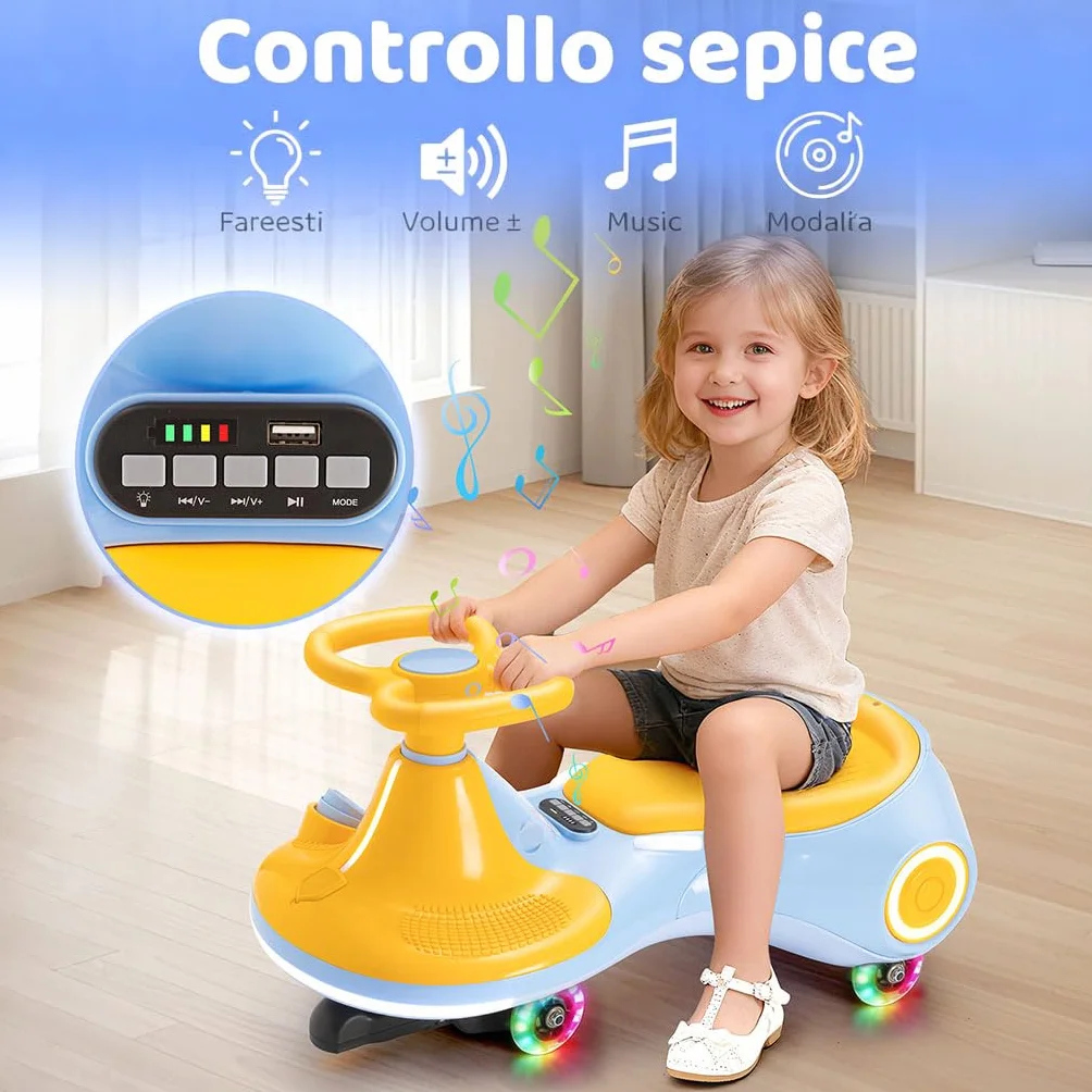 Auto a dondolo elettrica per bambini 12V 3-in-1 batteria ricaricabile anti-ribaltamento ruote luminose musica