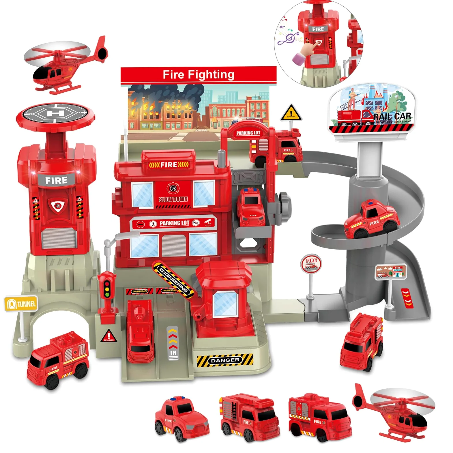 deAO Camion Pompieri Giocattolo 2 Piani con 3 Auto ed Elicottero 3+ Anni | ABS, 27×40×23 cm, Garage Caserma con Luci e Suoni, Piattaforma Lancio, Ascensore, 5 Cartelli + Adesivi, Gioco di Salvataggio