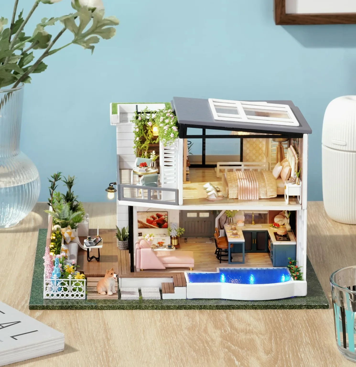 Generico Kit per Casa delle Bambole in Miniatura Fai da Te con Piscina in Legno 3D Giocattolo Puzzle di Pezzi Pretagliati Miniature da Costruire