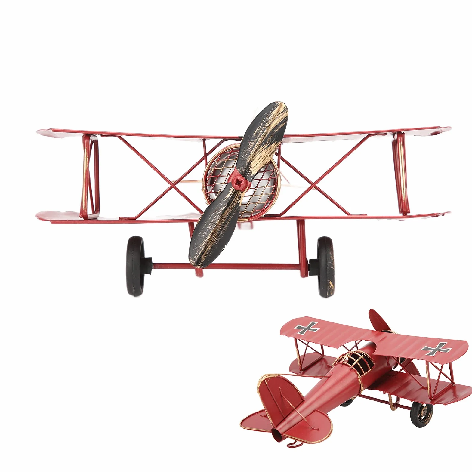 Modello Aeroplano retrò Biplane Vintage Artigianale Delicato Tricolore Decorazione Ornamento Rosso