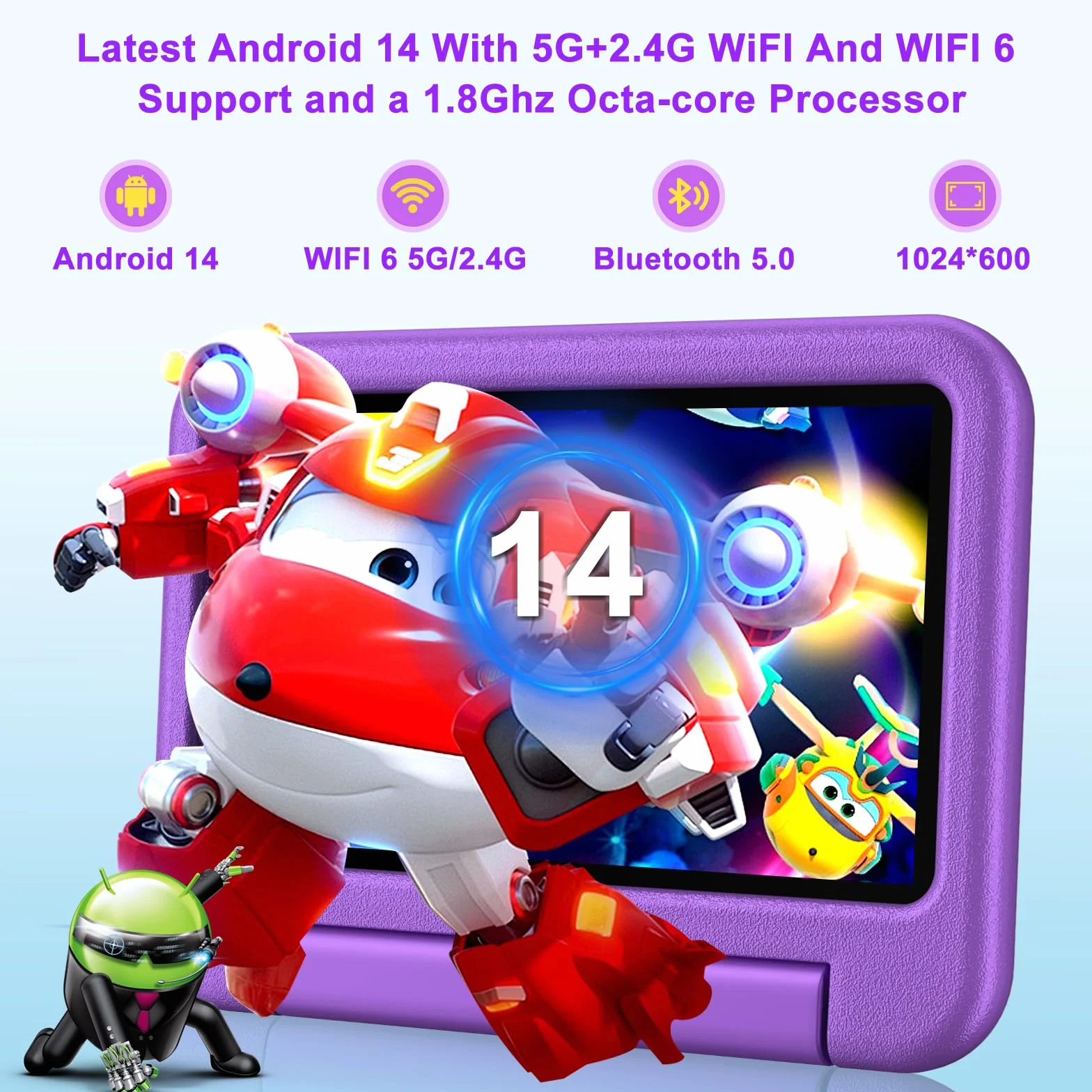 Tablet per Bambini Andorid 14 Tablets 7 Pollici 10GB RAM + 64GB ROM (TF 1TB), 5G WiFi 6, BT5.0, Octa-Core, Controllo Parentale | Doppia Fotocamera | GMS Certificated | GPS | Tablet con Custodia -Viola