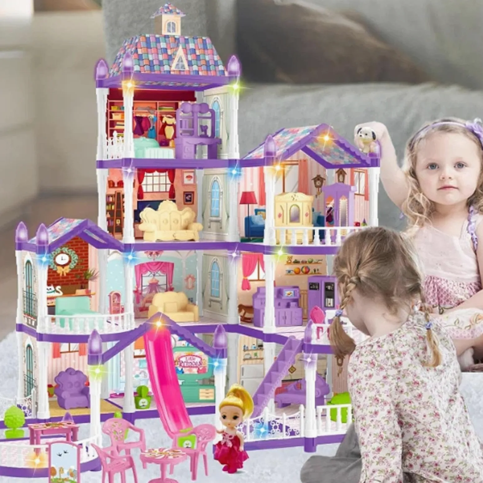 Casa Di Bambole Per Bambine 4 Piani 13 Stanze Villa Miniatura Da Montare | Piccola Casa Delle Bambole Con 3 Principesse 2 Cuccioli E Arredo Per Bambine 4-6 di Ruolo Indoor Regalo per Feste