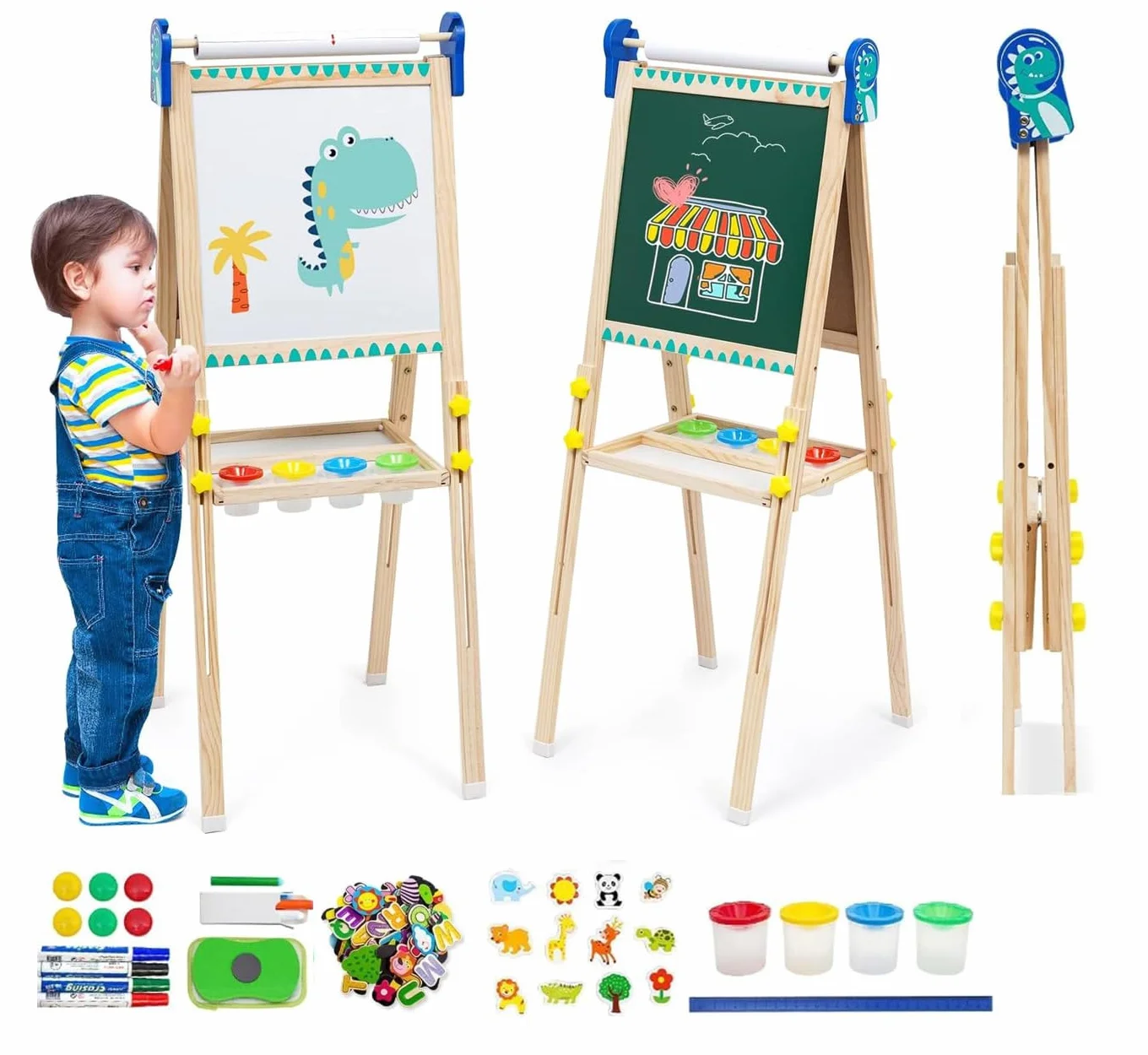 Cavalletto per Bambini a Doppia Faccia in Legno Lavagna Bianca in Legno Cavalletto in Altezza Regolabile con Carta Adesivi Accessori Vassoio di Stoccaggio per Bambini 3+ Anni Regalo