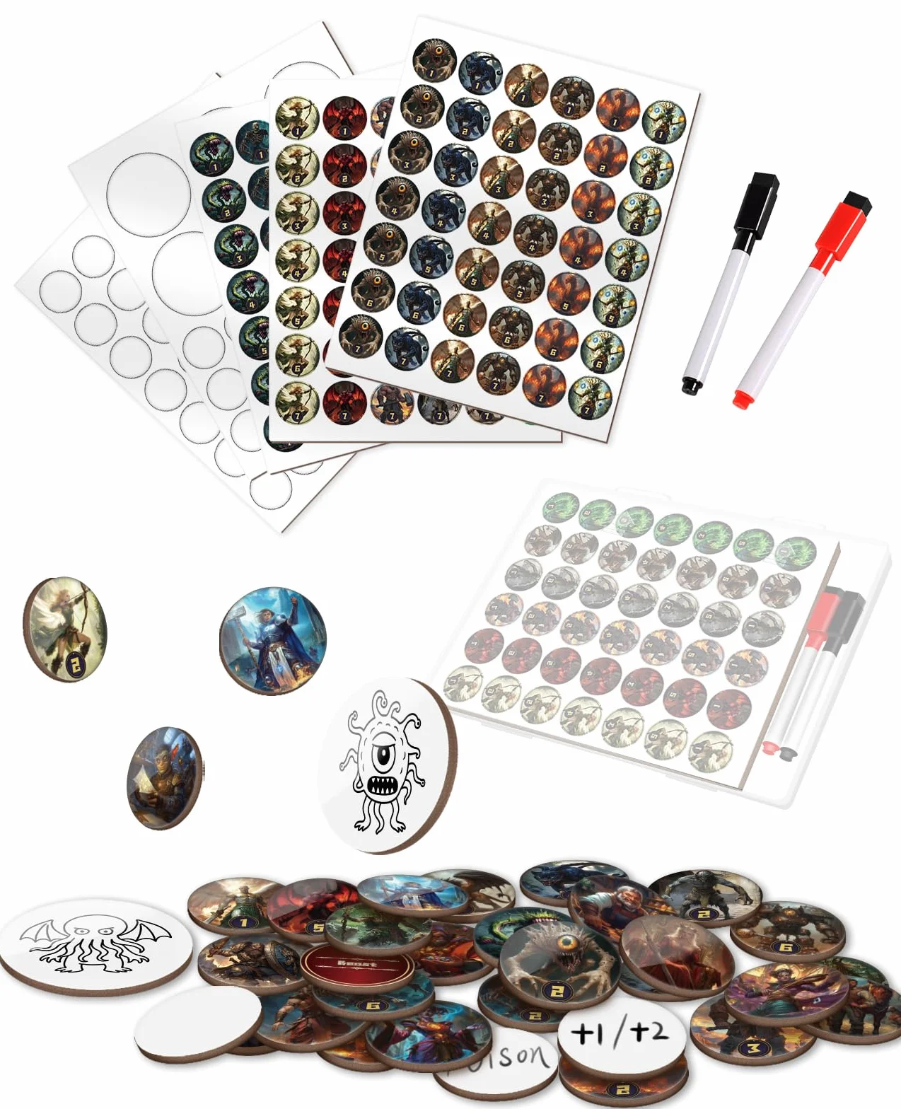 CZYY Set di Token Cancellabili a Secco per RPG - 192 PEZZI | Token Riutilizzabili Vuoti, Token delle Creature, Personaggi di Classe 5E con Penne Marker | Ideale per D&D, Pathfinder, TTRPG, MTG e