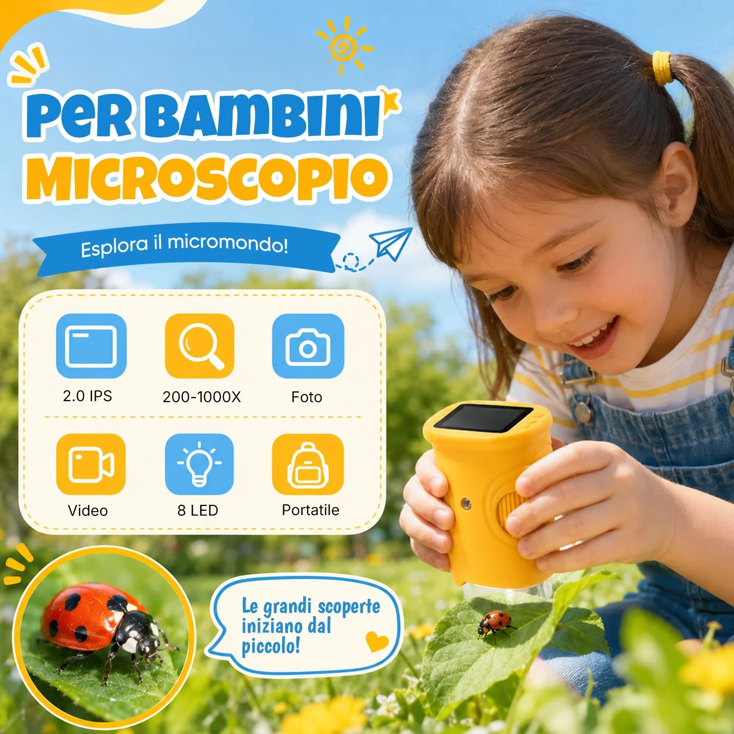 1000X Microscopio per Bambini, Microscopio Digitale Portatile HD 1080P con Display da 2,4" per Lente d'ingrandimento ed con Foto,Adatto come regalo di Natale,Compleanno o Capodannodai 3 agli 8