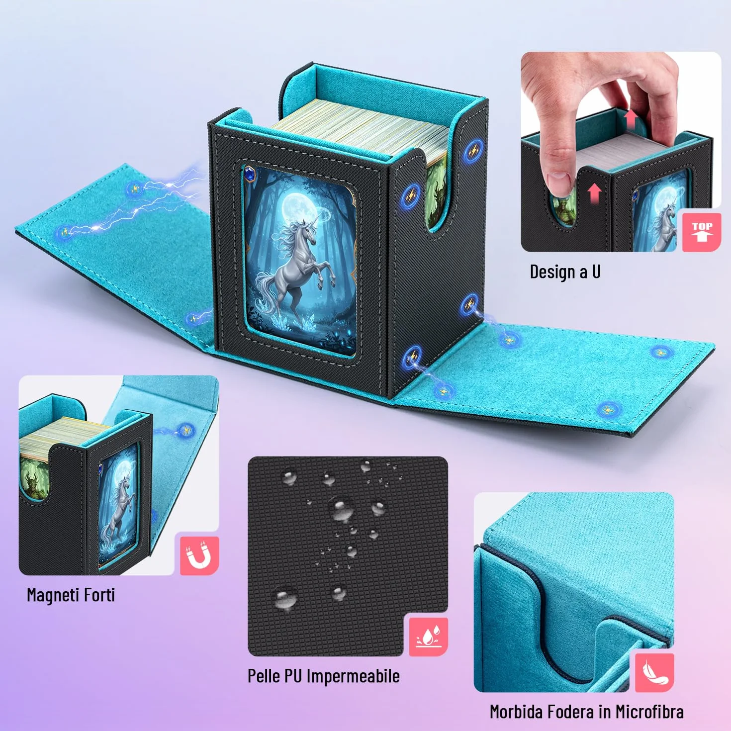 Box Porta Mazzo mit Display per Carte MTG Capacità di 100+ Carte/30+ Carta Toploader,Magnetic Flip Deck Box per le Carte di Magic Commander TCG (Verticale-Blu Chiaro)