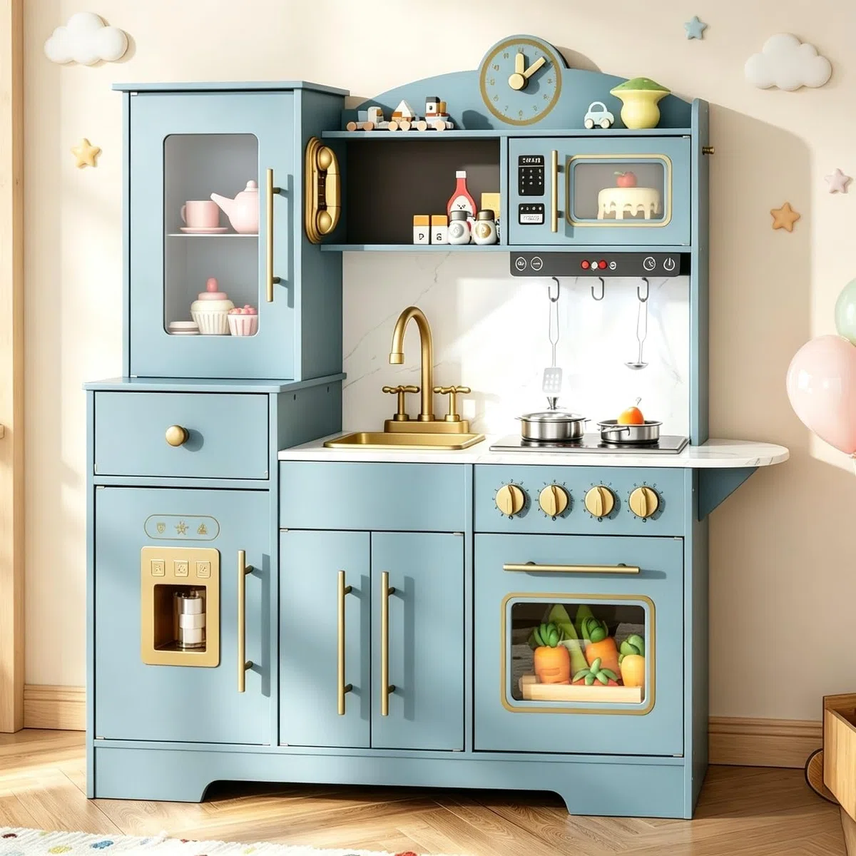 Cucina Giocattolo per Bambini in Legno con Interattiva LED, Cucina Bambini con Telefono, Orologio, Microonde, Piano a Induzione, Macchina del Ghiaccio, per Bambini da 3 Anni in Su, Blu