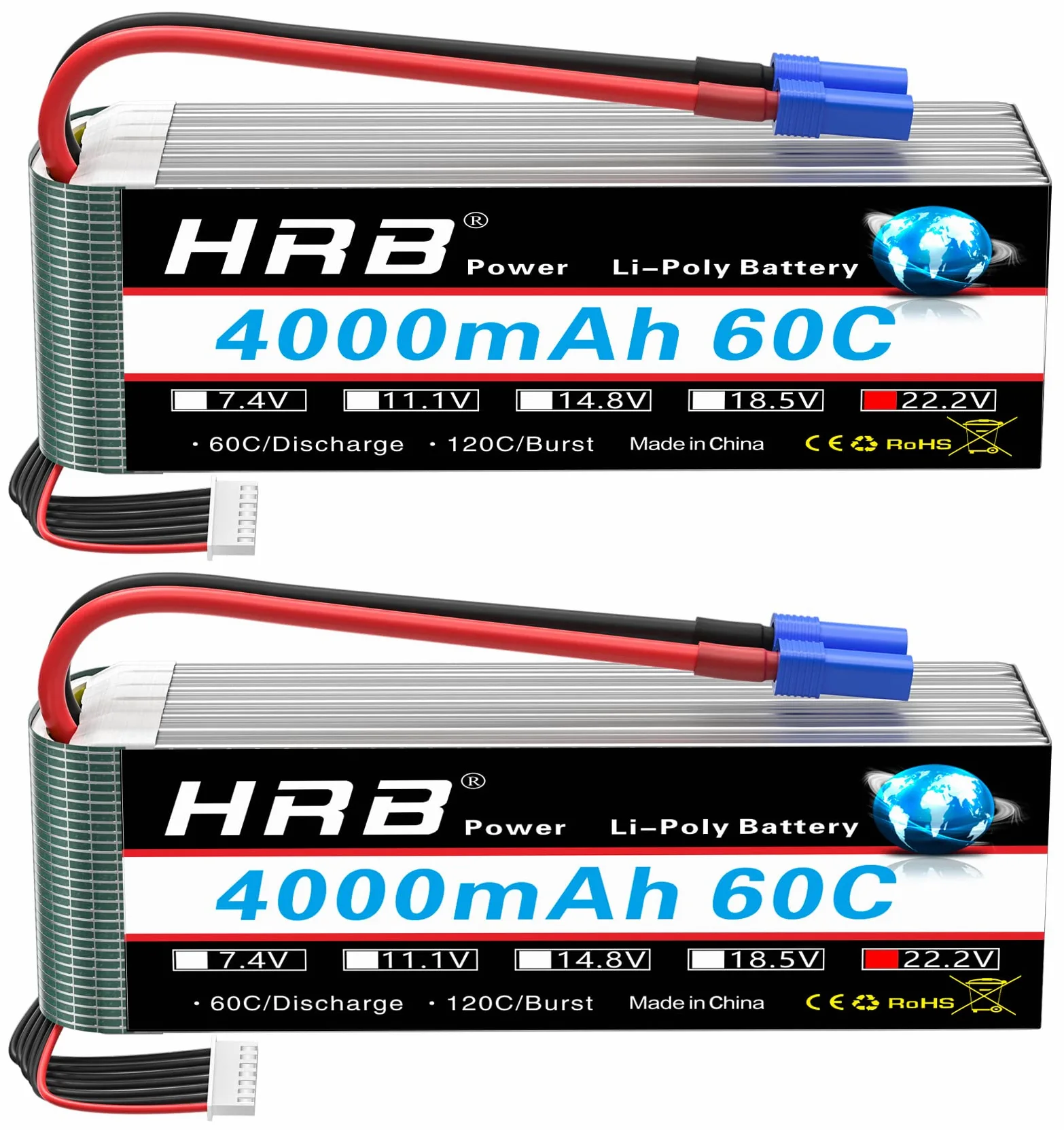 HRB 2pcs 6S 22.2V 4000mAh 60C Lipo batteria con spina EC5 per RC Quadcopter elicottero auto camion barca hobby