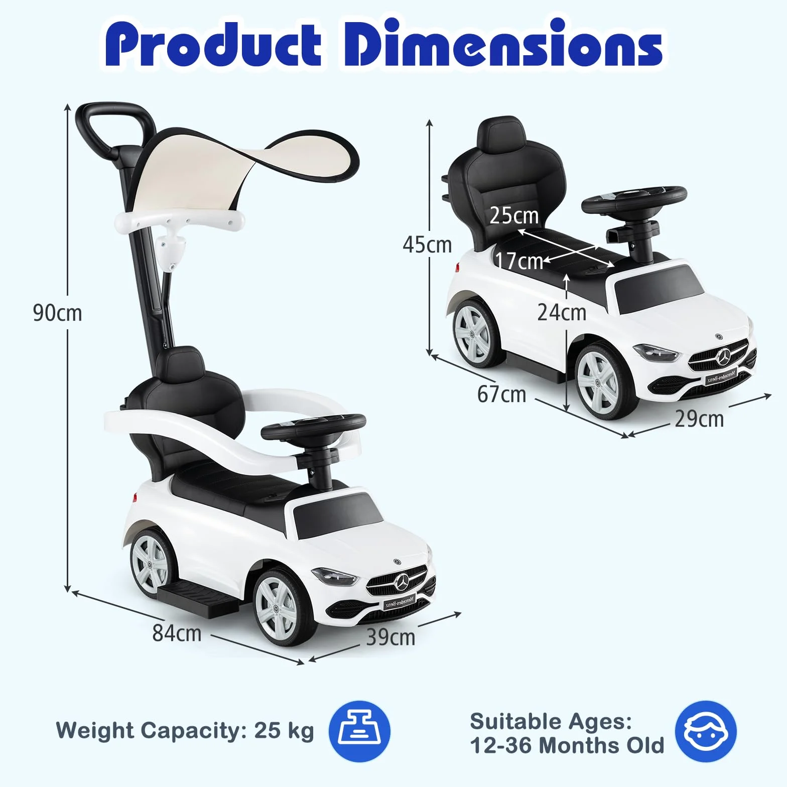 Mercedes-Benz Macchina Cavalcabile per Bambini 3 in 1, Capote Regolabile, 25 KG, 1-3 Anni (Bianco)