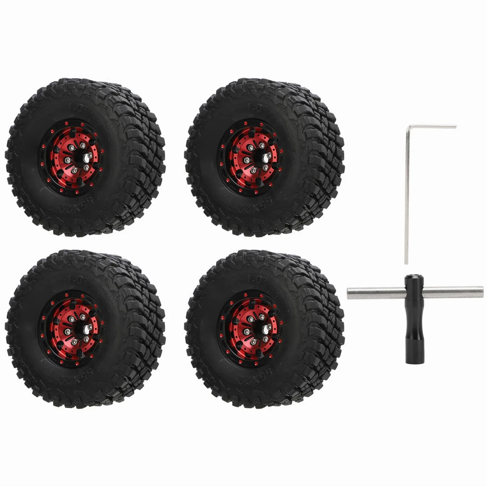 POENVFPO Pneumatici RC, Cerchi in Lega di Alluminio con Battistrada in Gomma Ad Alta Aderenza, Offset Negativo, per Modellini Crawler in Scala 1/18 e 1/24. (rosso)
