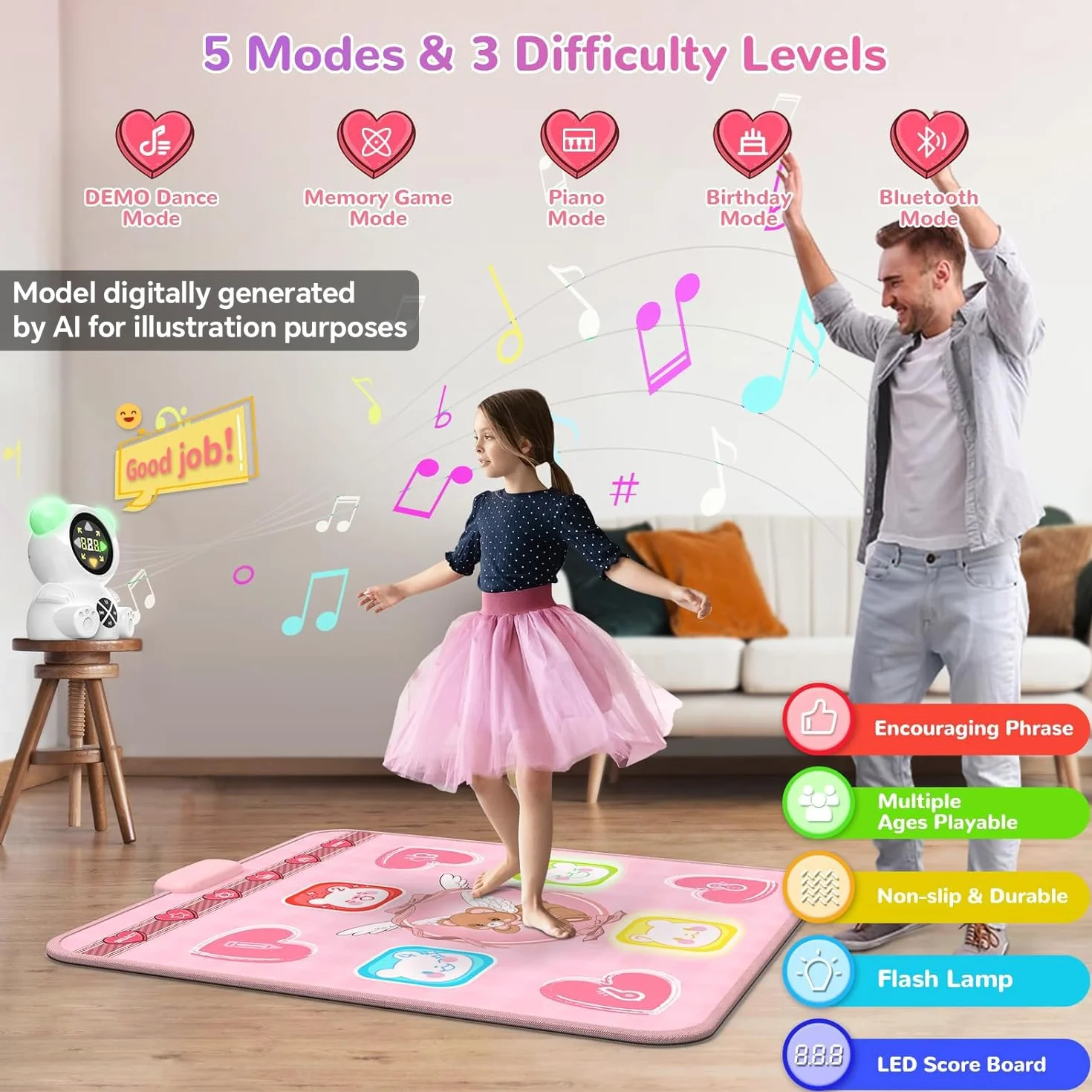 Tappetino da Ballo Ricaricabile con Bluetooth, Luci LED, 5 Modalità di Gioco per Bambine 3-12 Anni Rosa