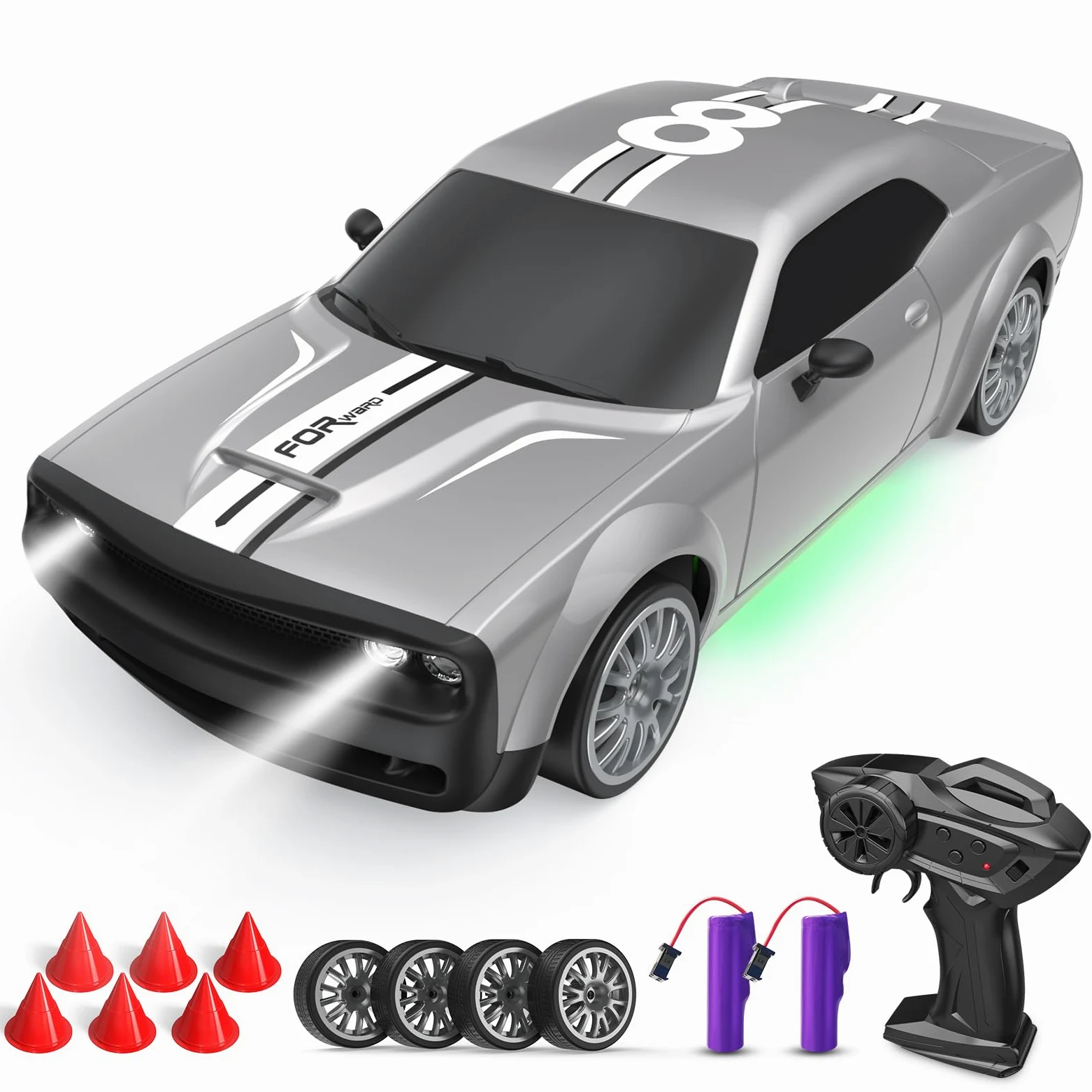 RC Drift Car 1:20 Macchina Telecomandata 2,4 GHz 4WD Auto Telecomandata 20 KM/H Auto da Corsa Telecomandata con fari da lavoro, 2 Batterie Ricaricabili,regalo per adulti e bambini (argenteo)