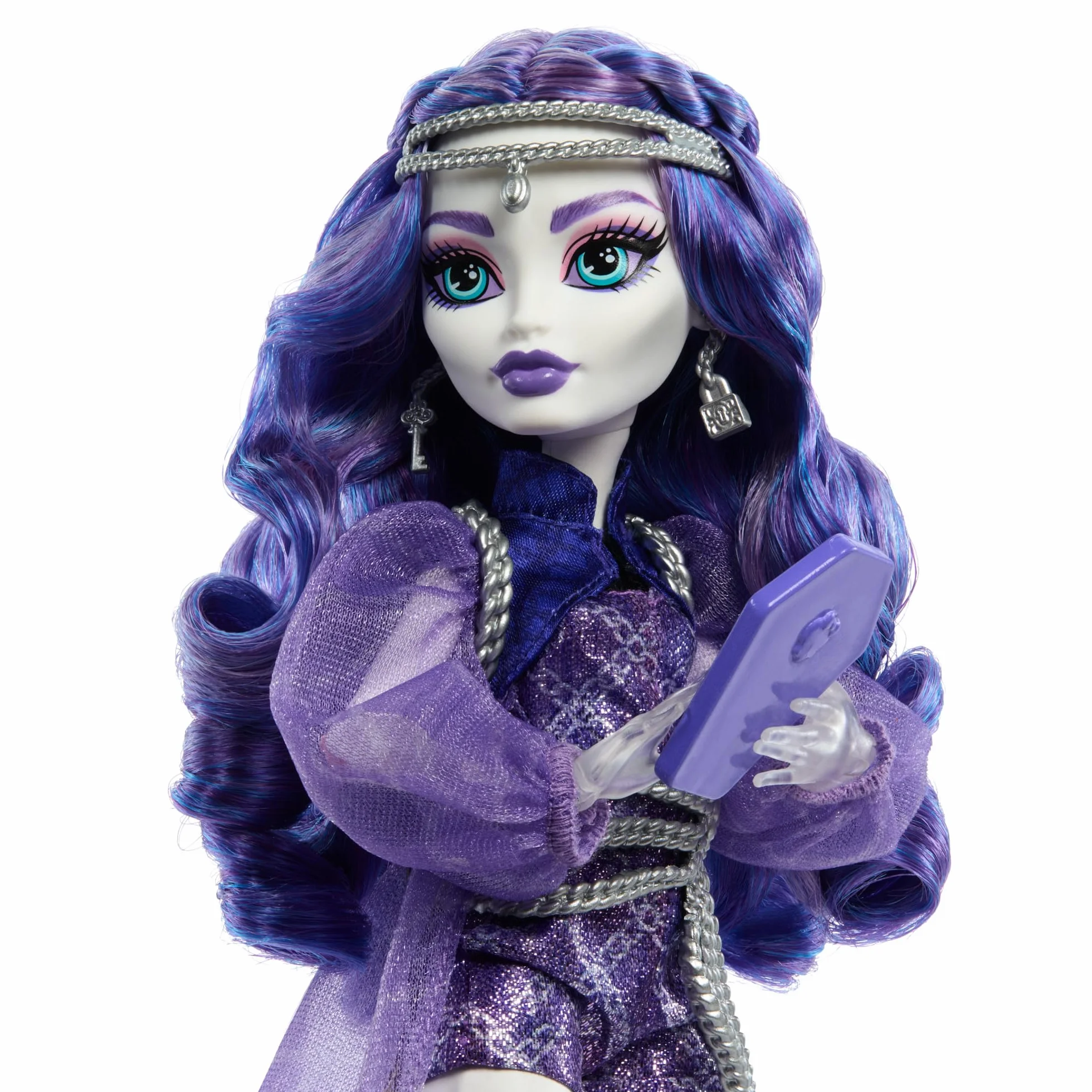Monster High - Spectra Vondergeist, bambola alla moda con personaggio Rhuen il Furetto e tanti accessori inclusi come zaino, tablet e spuntini, giocattolo per bambini, 4+ anni, HXH77