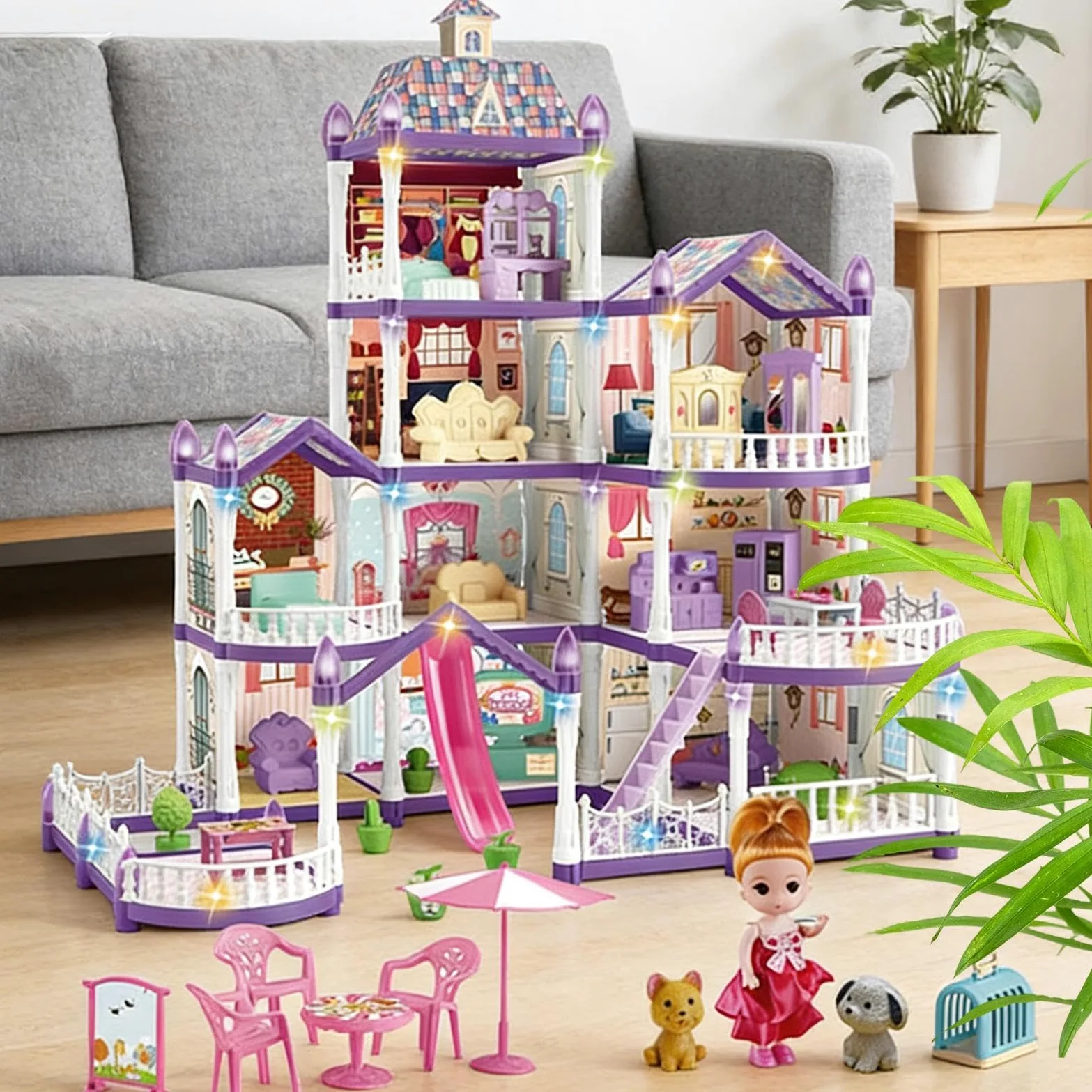 Casa delle Bambole 4 Piani 13 Stanze Villa Miniatura da Montare | Set di Casa con 3 Principesse e 2 Cuccioli e Arredamento Per Bambini 4-6 di Ruolo Regalo Natale