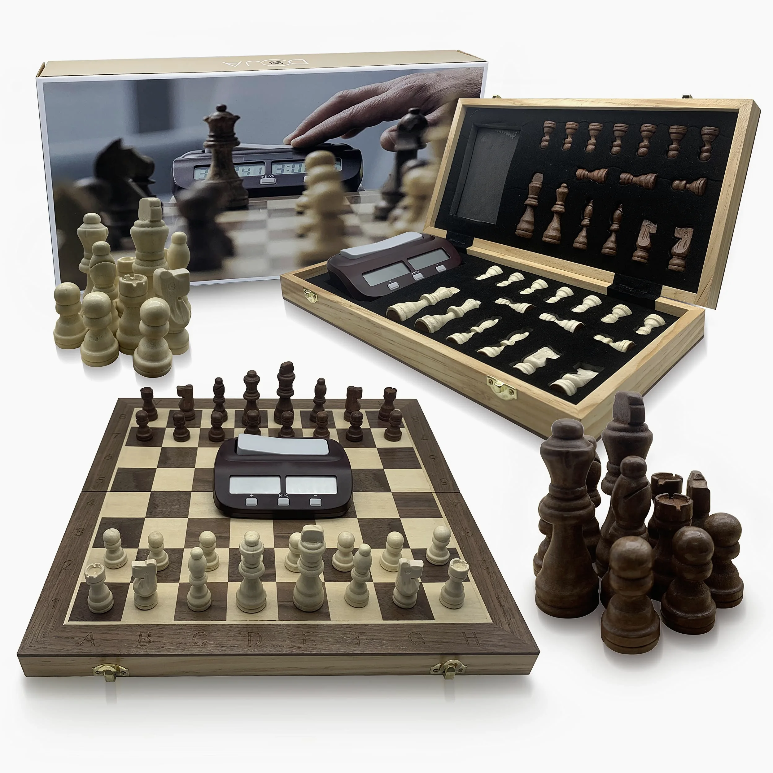 DOJA Barcelona | Scacchiera in Legno Pieghevole con Timer Digitale | 39x39 | Scacchiera Professionale Magnetica + Orologio Scacchi Ideale per Viaggio | Gioco da Tavolo portatile, per 2 giocatori