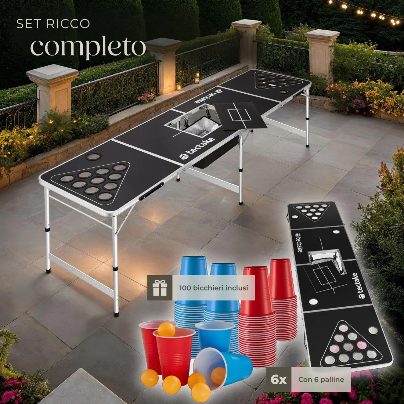 tectake® Tavolo da Beer Pong, Pieghevole con Maniglia, Kit Completo Bicchieri Multicolor e Palline, Beer Pong Set, Struttura in Alluminio, Regali Divertenti, Giochi per Festa - 235 x 60 x 70 cm