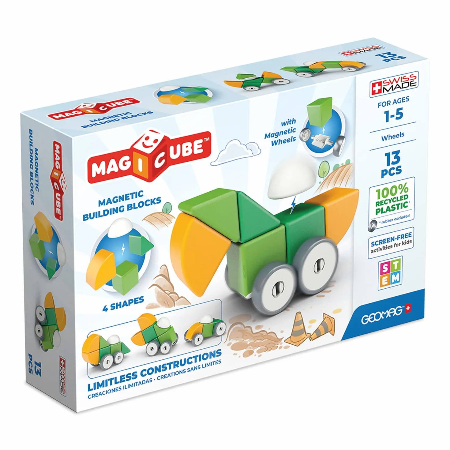 Geomag Magicube 1+ Shapes Blocchi Magnetici 4 Colori 13 Cubi Plastica Riciclata