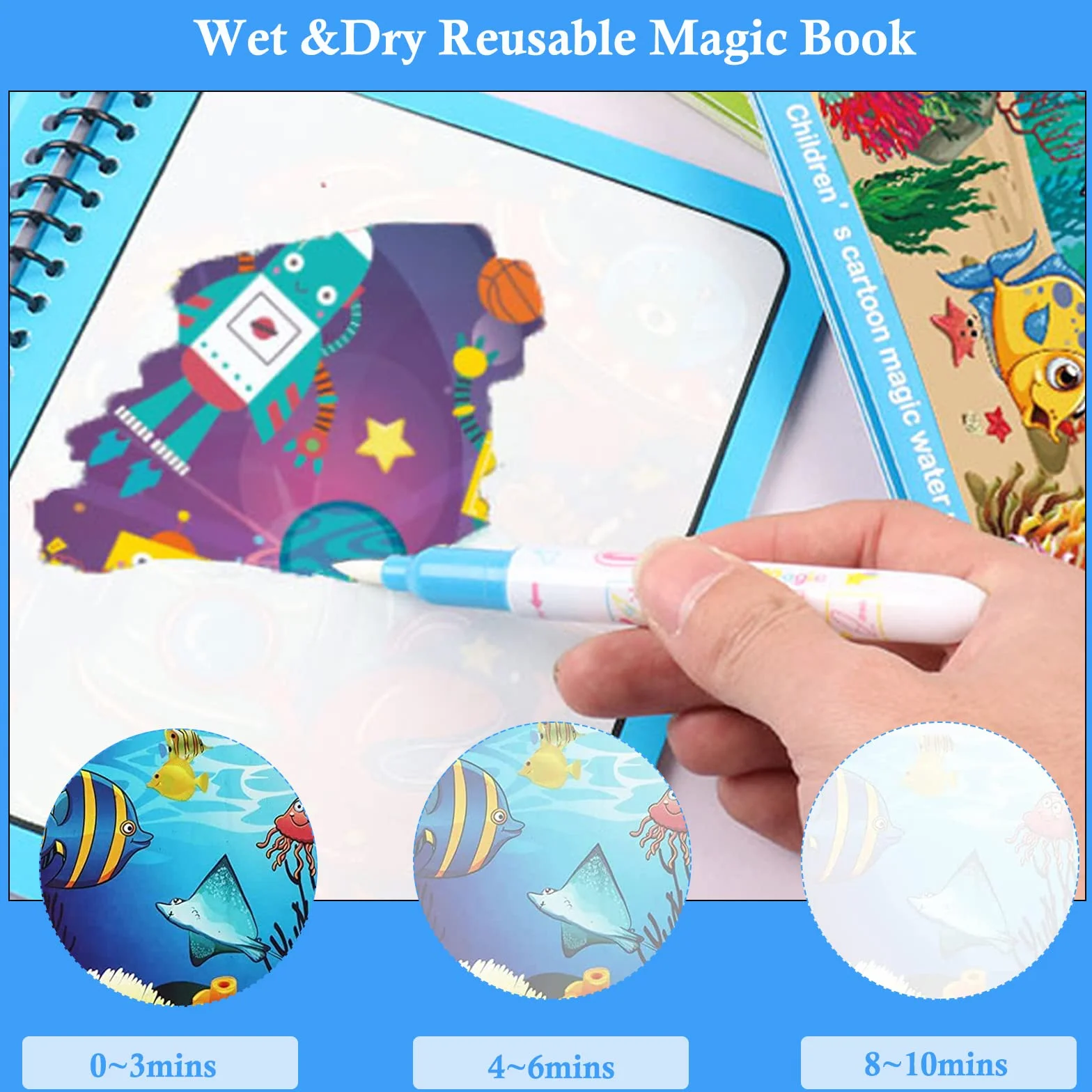Libro Magico ad Acqua da Colorare 6 Pezzi, Water Book da Disegno, Riutilizzabili con Penna ad Acqua Regalo per Bambini Dai 3 Anni +
