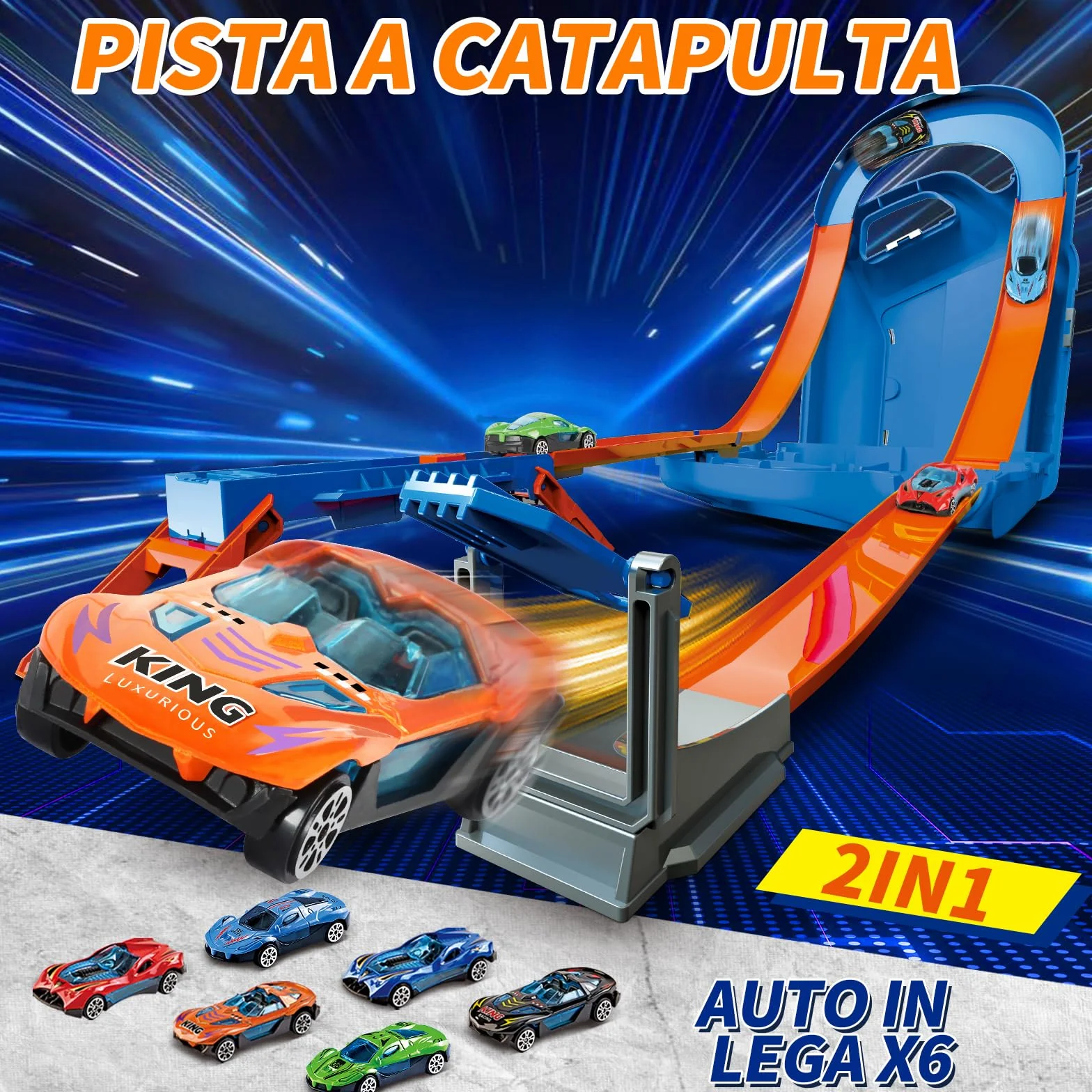Charmofun Pista Macchinine 2 in1, Giocattolo Piste da Corsa con 6 Auto, Scatola Immagazzinaggio, Piste Macchinine per Bambini con Anello e Binari a U, Portatile Pista per Bambini 3+ Anni (Blu)