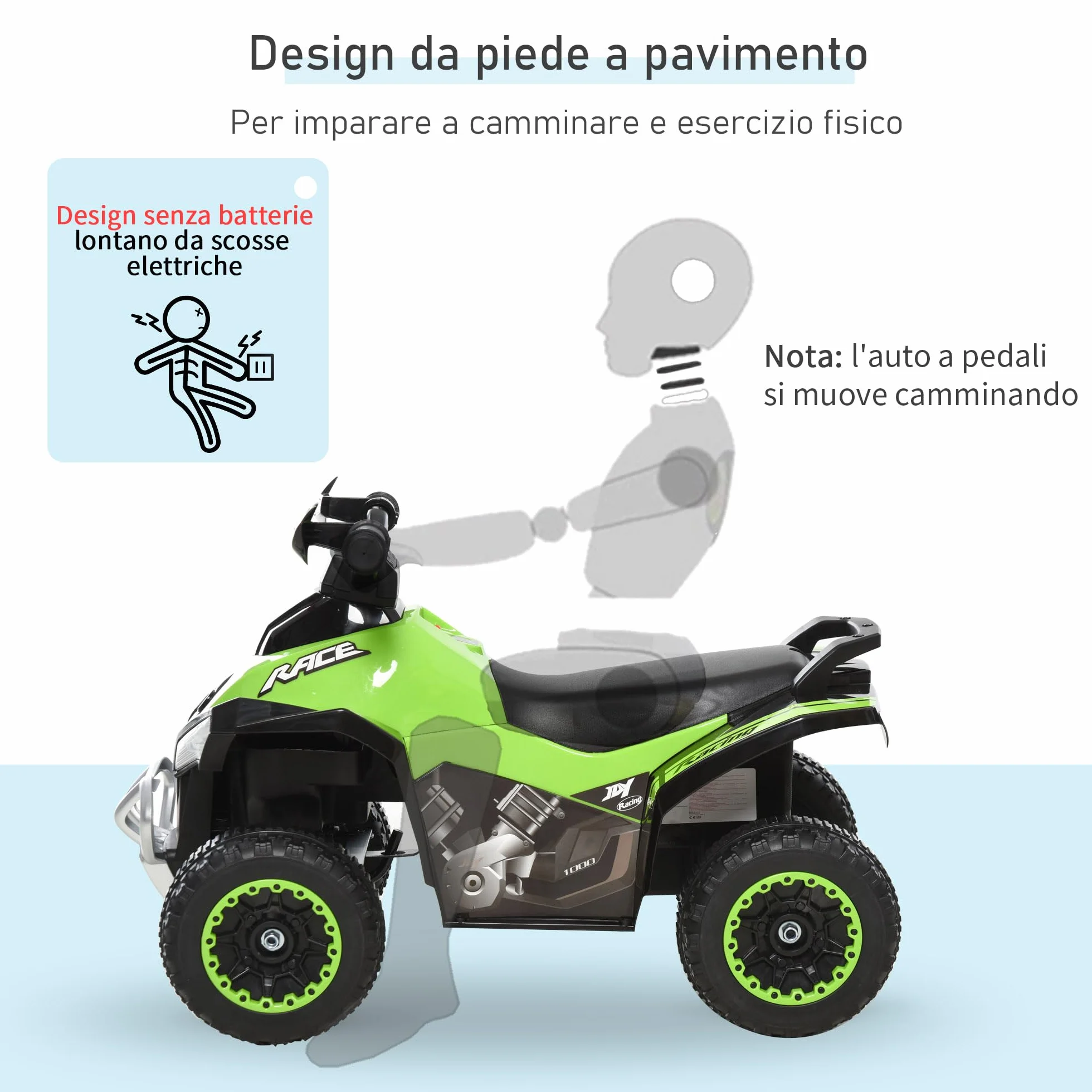 HOMCOM Mini Quad per Bambini 18-36 Mesi, PP e Metallo, Spinta Manuale, Musiche, Fari, 67.5x38x44cm, Verde