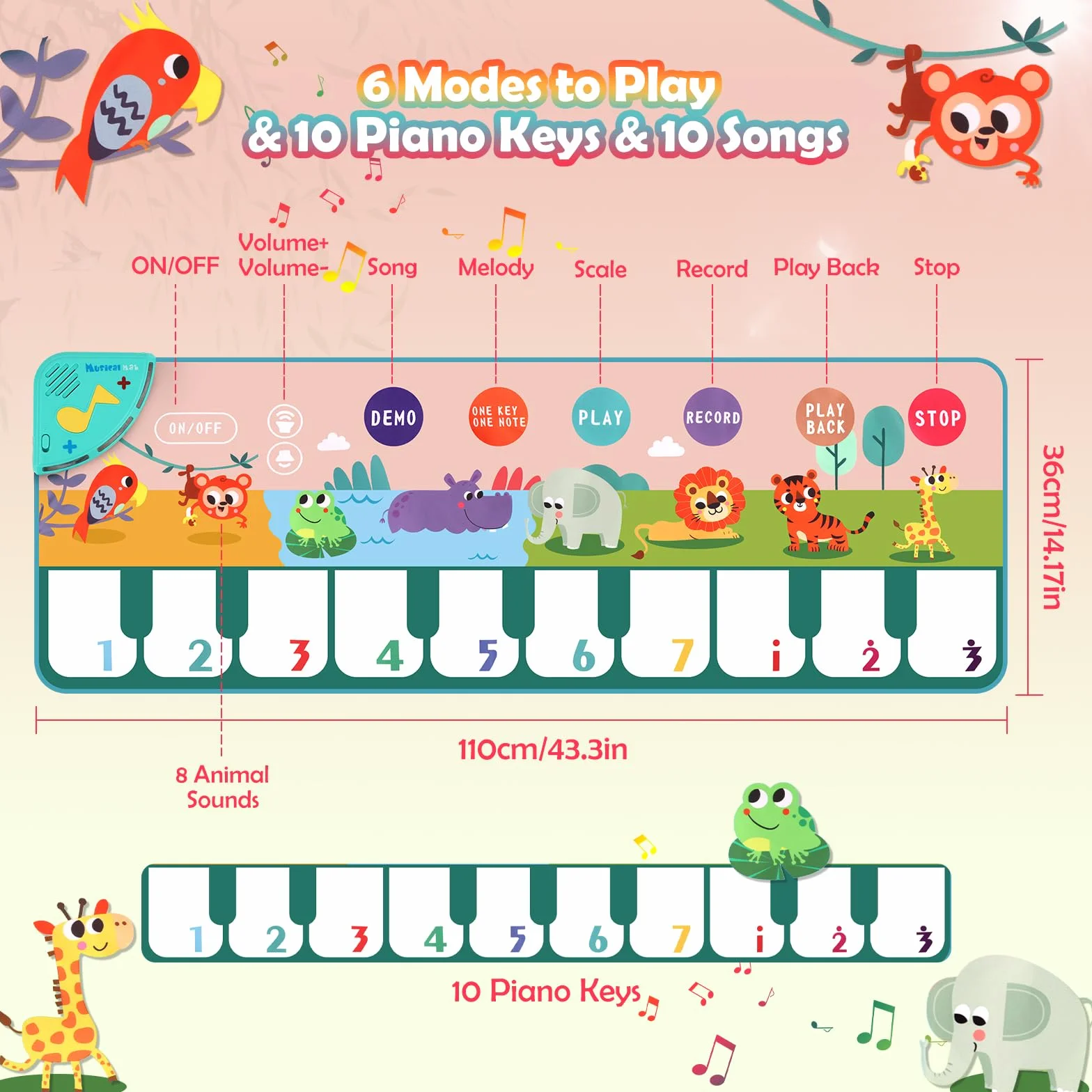 Tappetino Musicale per Bambini da Ballo con 10 Animali, 4 Modalità, 10 Melodie, Pianoforte, Regalo Compleanno 100x36 cm