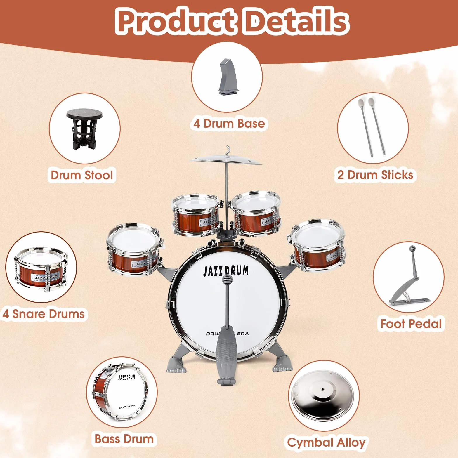 Batteria per Bambini, Set Batteria Jazz Strumento Musicale 5 Tamburi con Sgabello, Toddler Drum Set Musicale Percussione Giocattolo Regalo per Bambini 3 4 5 Ragazzi e Ragazze