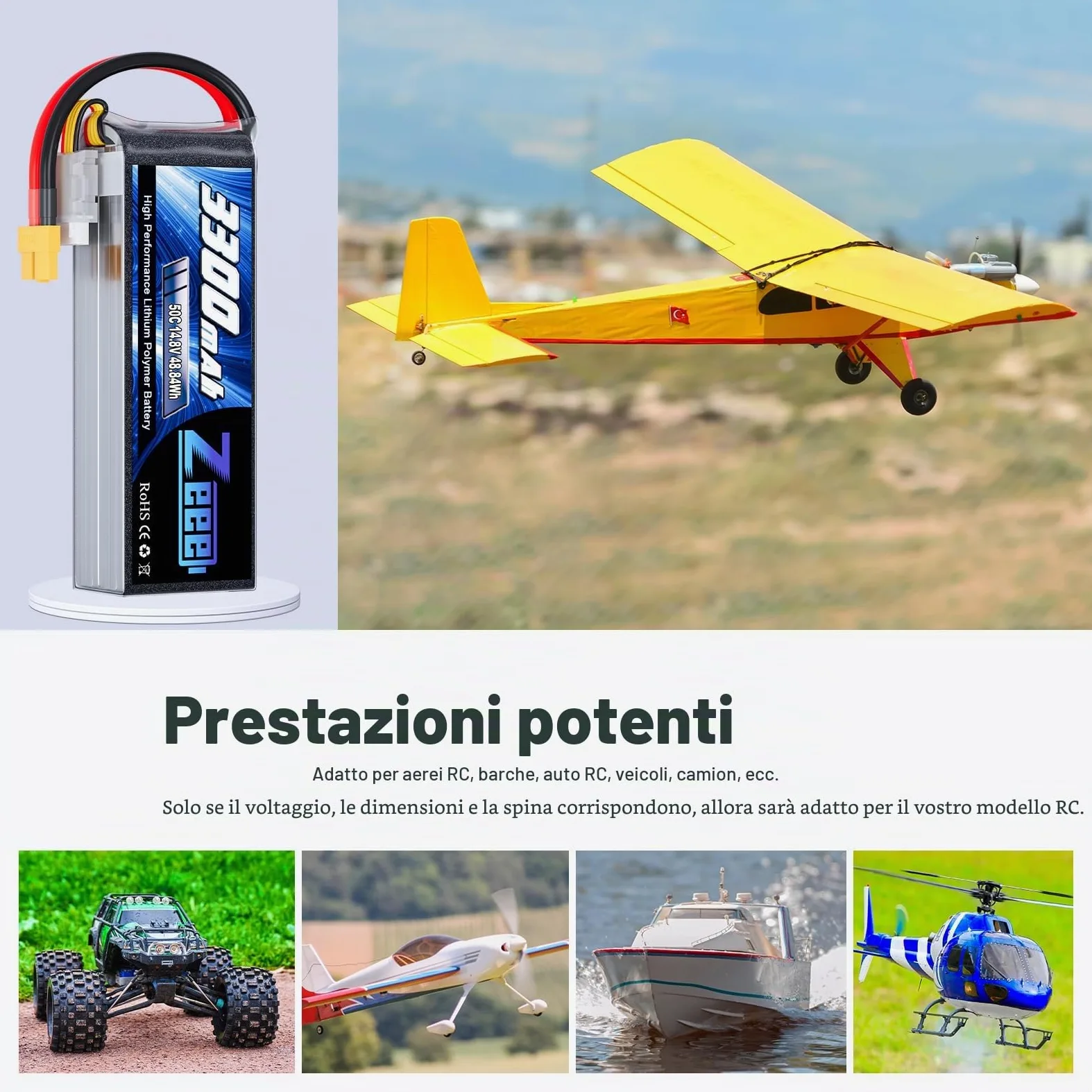 Zeee 4S Lipo 14,8V 50C 3300mAh RC Batteria con Connettore XT60 (2 pezzi) | Batteria RC per FPV Racing UAV Drone Veicolo a quattro assi elicottero RC Nave RC Veicolo RC Modells