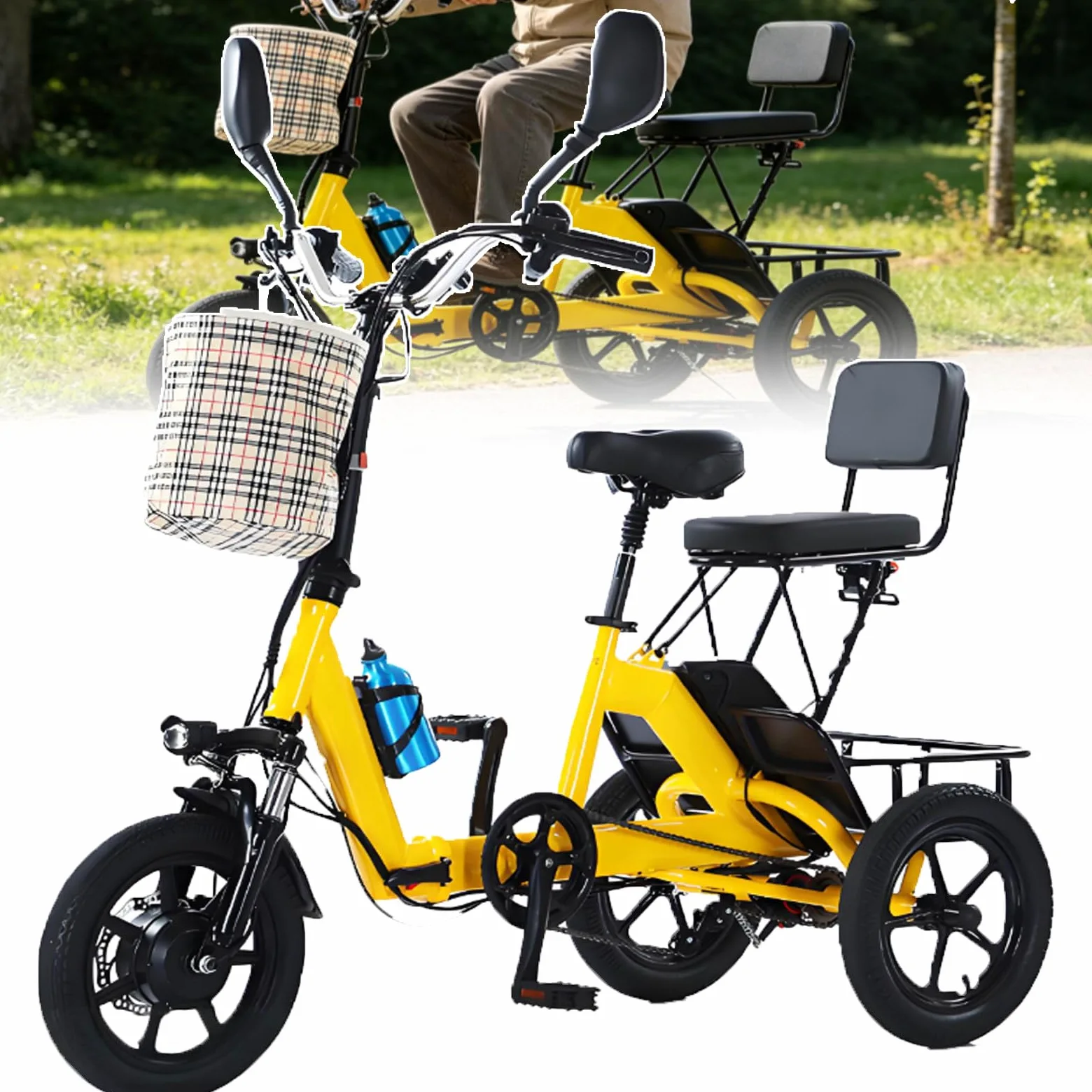 Triciclo Elettrico per Adulti, Ideale per Anziani E Pendolari, con 3 modalità di Guida, Pieghevole, velocità Massima 20 Km/H, Autonomia 40 Km E Portata Massima 200 kg Yellow