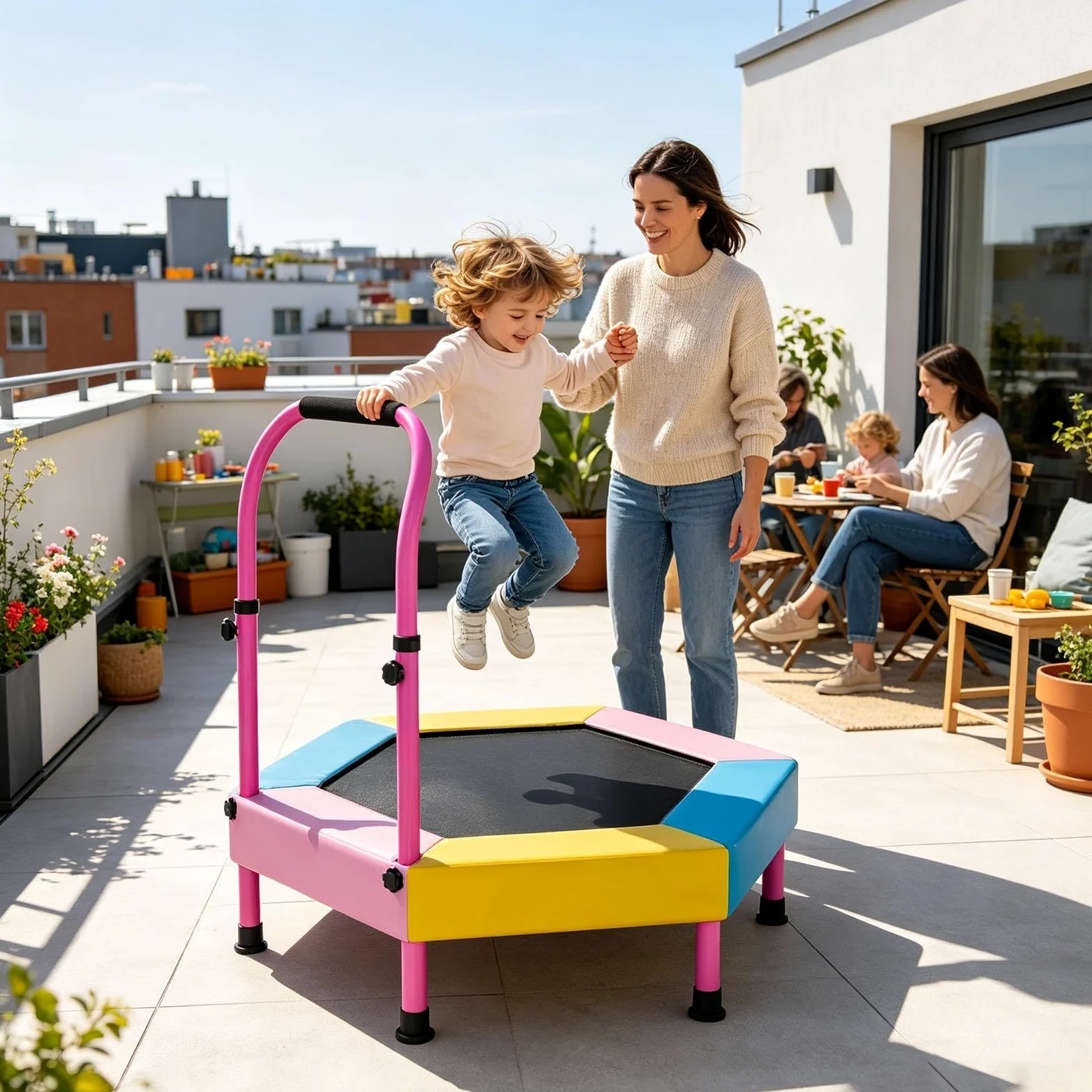 Mini trampolino – Attrezzatura da salto pieghevole da 90 cm | Trampolino ricreativo con manico regolabile, per asilo nido, scuola materna, casa, palestra, parco, parco giochi, prato, cortile, giardino