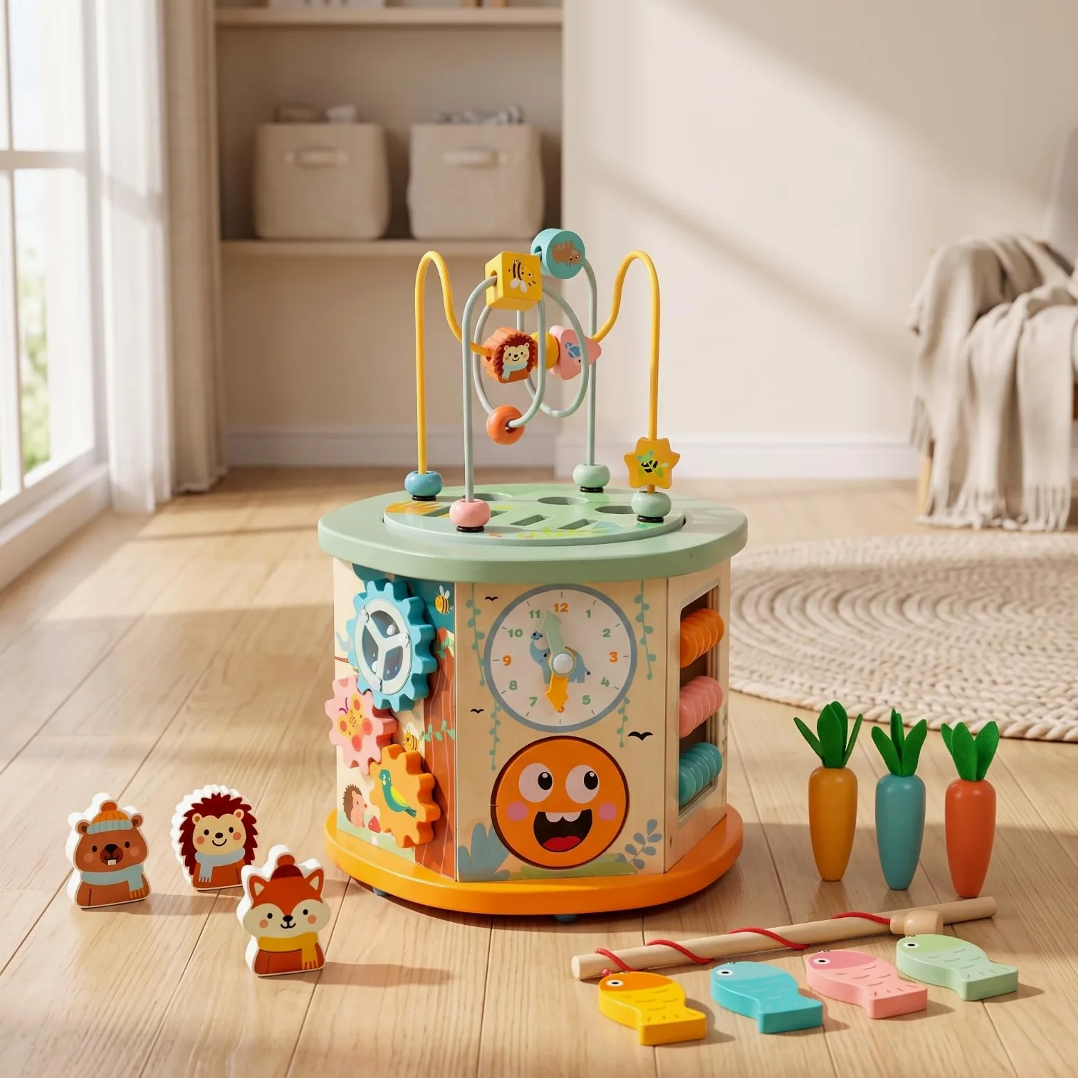 Cubo attività in Legno Interattivo Gioco | Sviluppo Motricità Fine, Cubo pedagogico, Tavolo con Orologio Didattico, per Asilo Nido, Neonati
